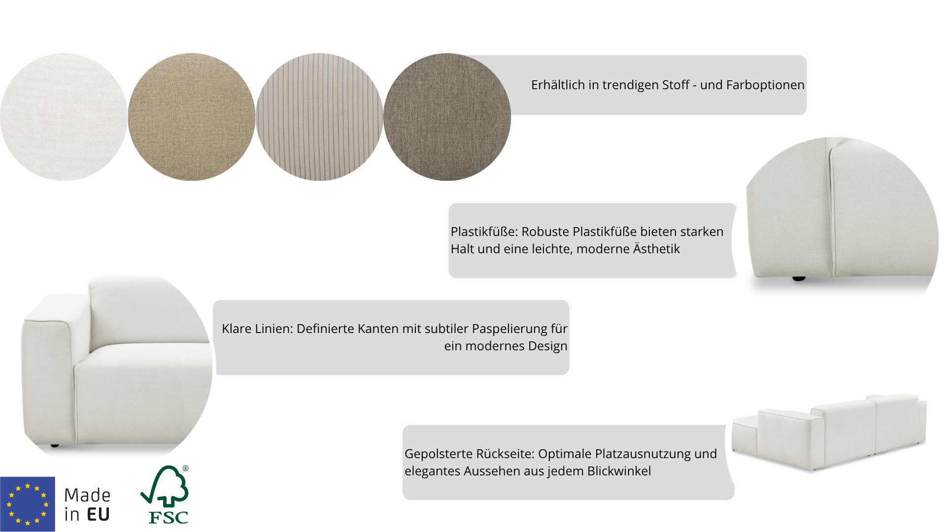 andas Ecksofa Noord mit Kedernaht, Breite 227 cm, L-Form, Cord, Struktur, Webstoff, mit Wellenunterfederung, Massivholzrahmen