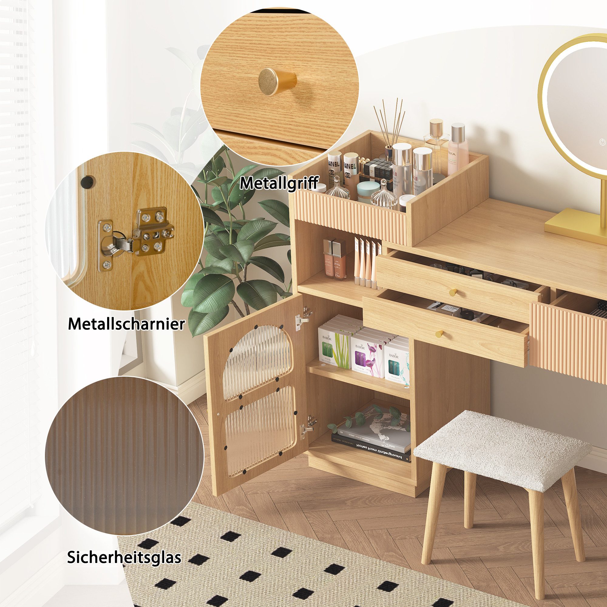 i@home Schminktisch -Set mit LED-Spiegel, 3 Schubladen & Seitenschrank, ausziehbar (Schminktisch-Set mit LED-Spiegel (ohne Hocker), Holzfüße, LED-Ringspiegel, 3 – Bild 4 von 5