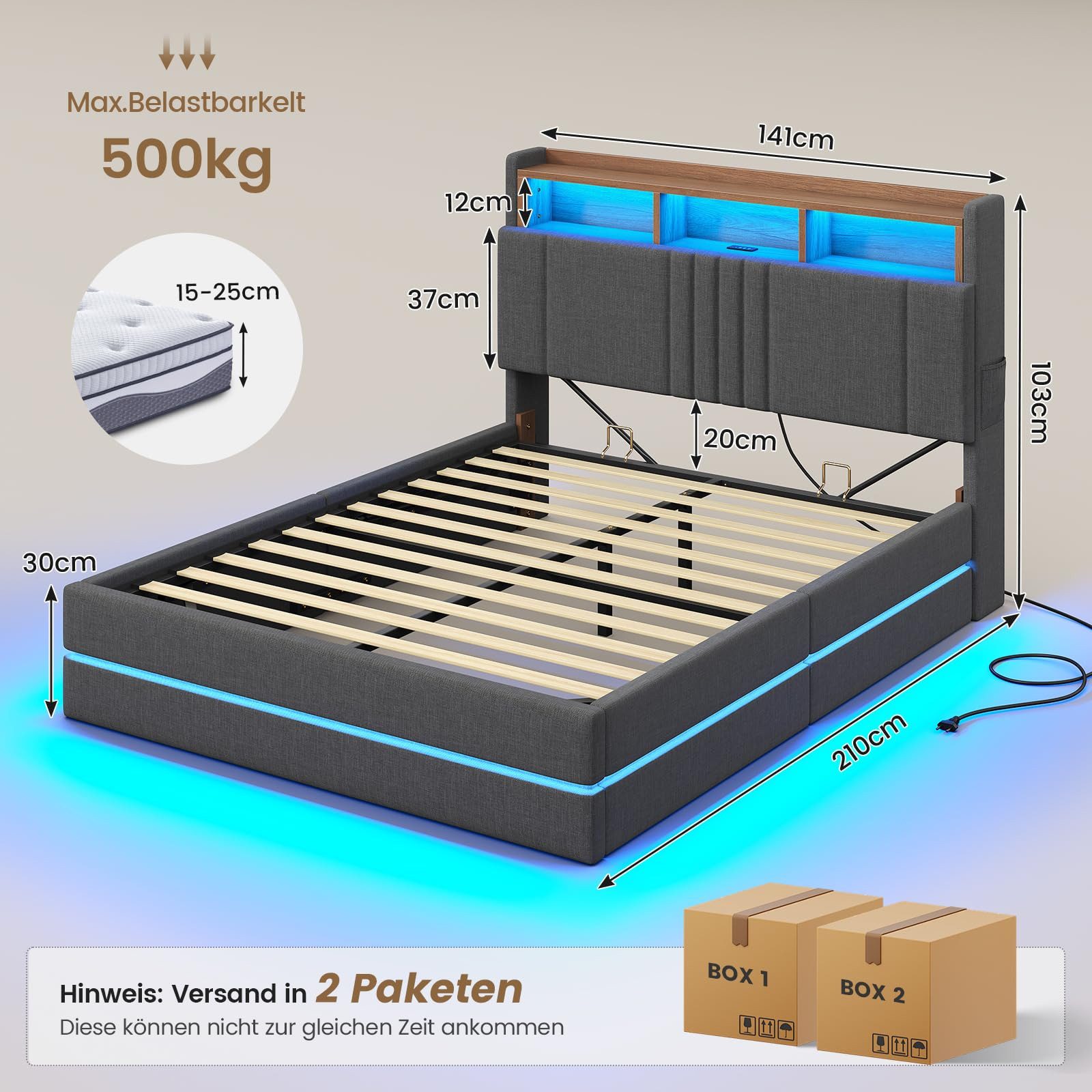 MSMASK Polsterbett 140x200cm mit Hydraulischem Stauraum, 270° LED Beleuchtung, grau (1-tlg), Hydraulischer Stauraum, 270° LED-Beleuchtung,Ladestation & Kopfteil – Bild 2 von 5