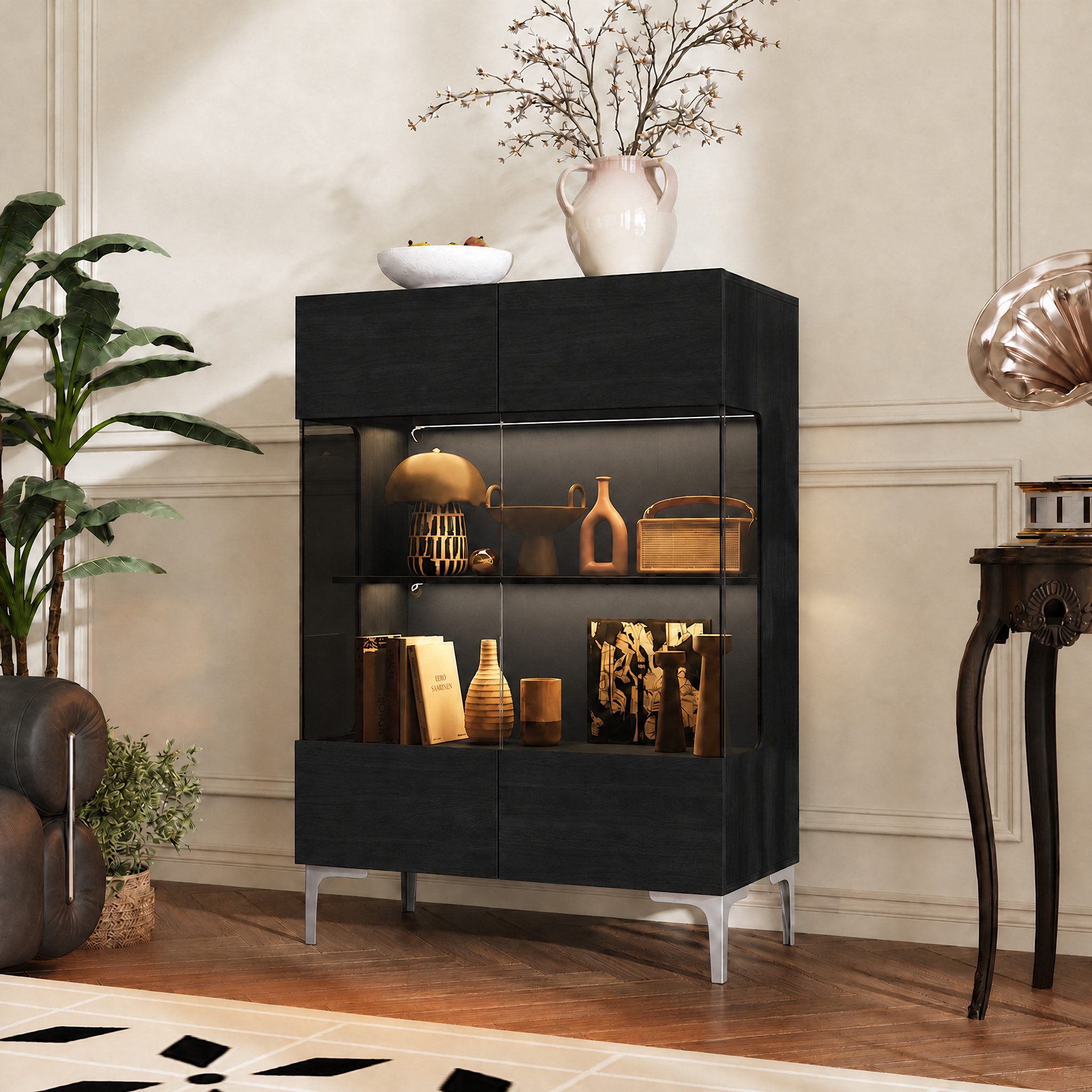 FUFU&GAGA Glasvitrine 115cm hoch, Vitrinenschrank mit LED und Glastüren