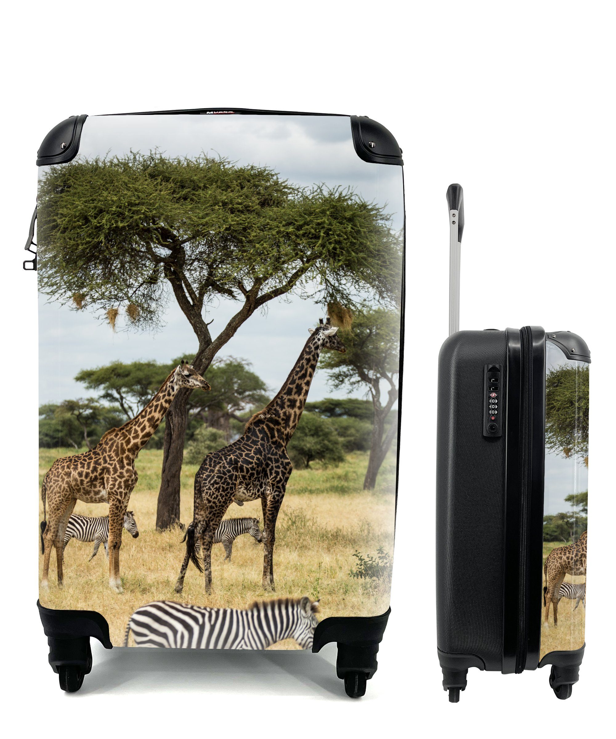 Handgepäck 4 der in Handgepäckkoffer mit Giraffen des, und Trolley, Reisekoffer Savanne Reisetasche für Ferien, Rollen, Zebras gemeinsam rollen, MuchoWow