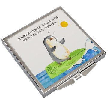 Mr. & Mrs. Panda Kosmetikspiegel Pinguin Surfer - Weiß - Geschenk, Spiegel, Wellen, surfen, motiviert, (1-St), Passt in jede Tasche