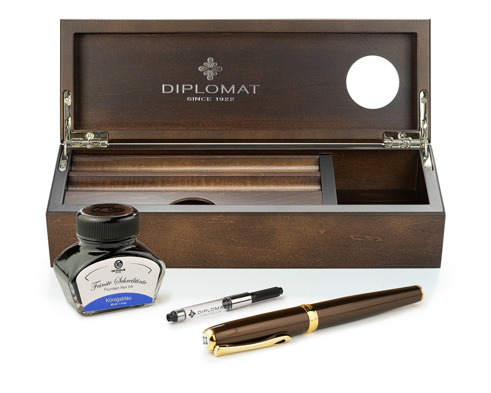 DIPLOMAT Füllhalter Füllhalter Diplomat Excellence A2 Marrakesh vergoldet Wenge-Holz, (Komplett-Set mit Tintenkonverter, Schreibtinte Königsblau von Octopus Fluids und Wenge Holzetui), MADE IN GERMANY