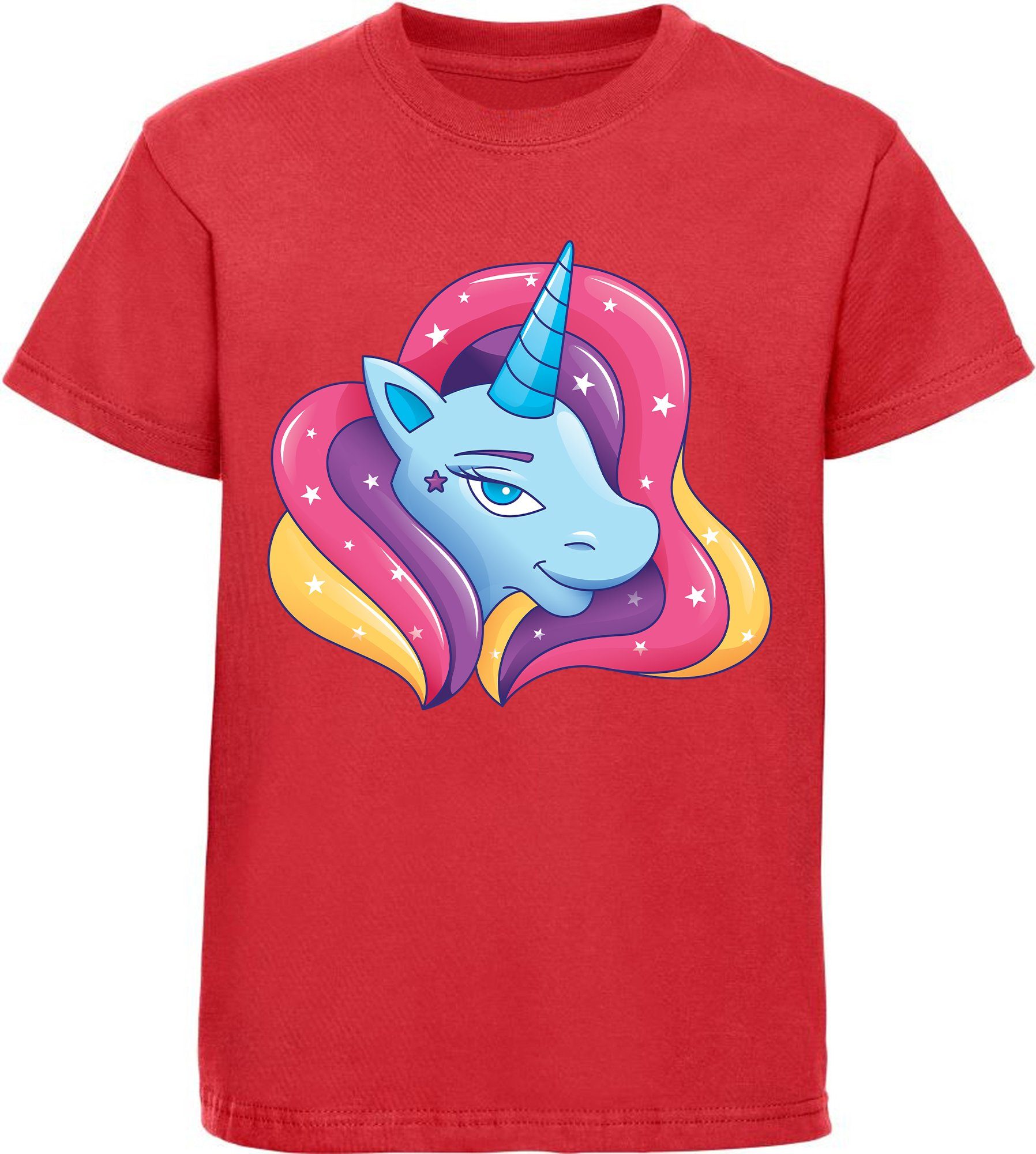 MyDesign24 Print-Shirt bedrucktes Kinder Mädchen T-Shirt - Einhorn Kopf mit Regenbogenmähne Baumwollshirt mit Aufdruck, i195 rot