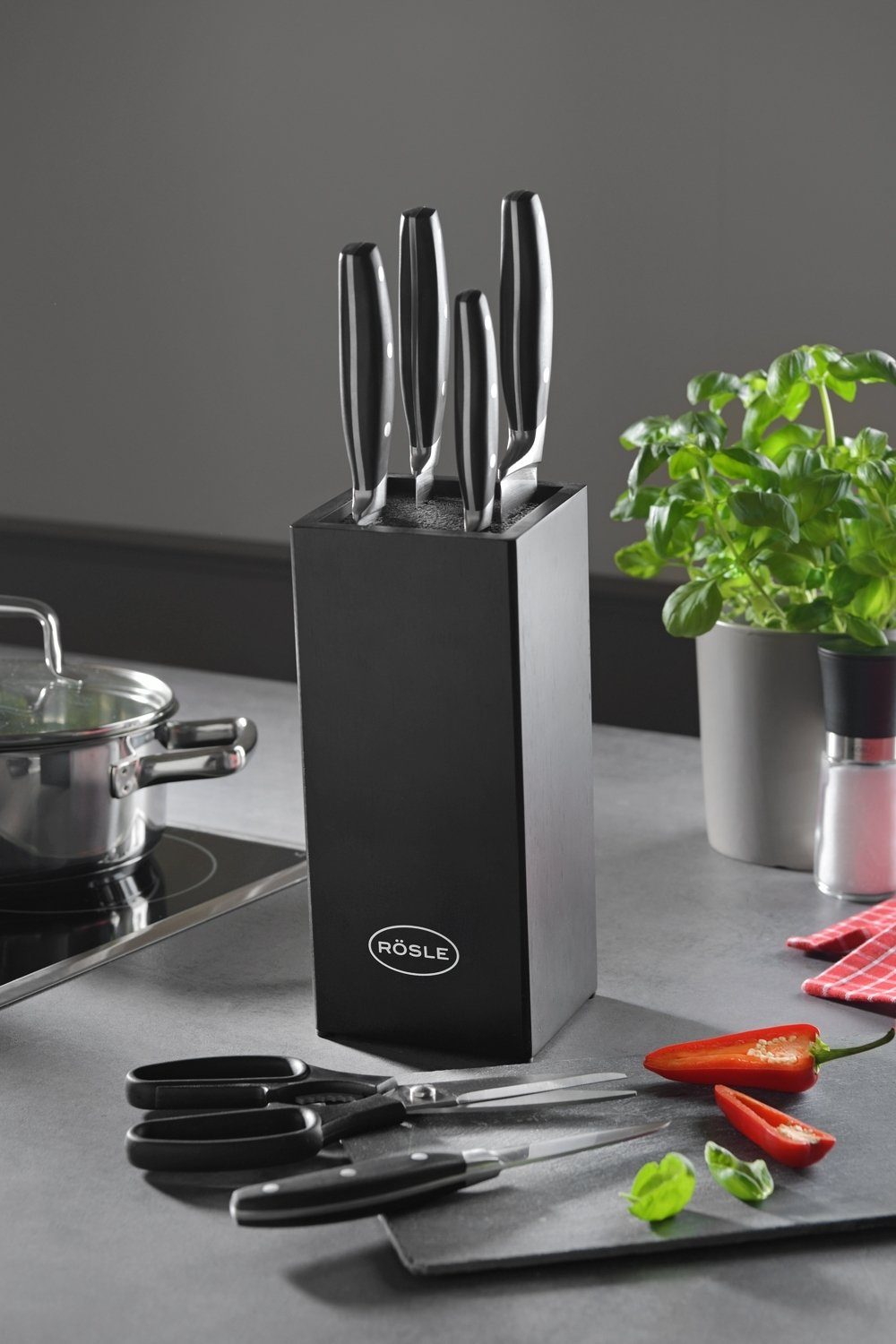 RÖSLE Messerblock CUISINE, Bestückt, Bambus, inkl. Küchenschere, (7tlg), Klingen aus Spezialklingenstahl, Kunststoffgriffe