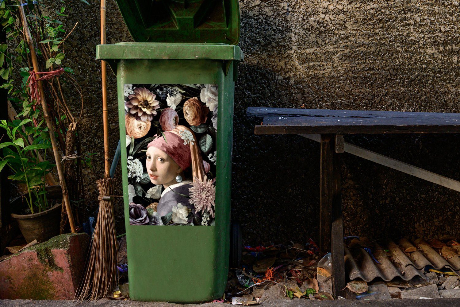 - Container, Mülltonne, Pastell Sticker, Perlenohrring Blumen mit Vermeer St), - - - Abfalbehälter (1 MuchoWow - Mülleimer-aufkleber, Mädchen Wandsticker Kunstwerk