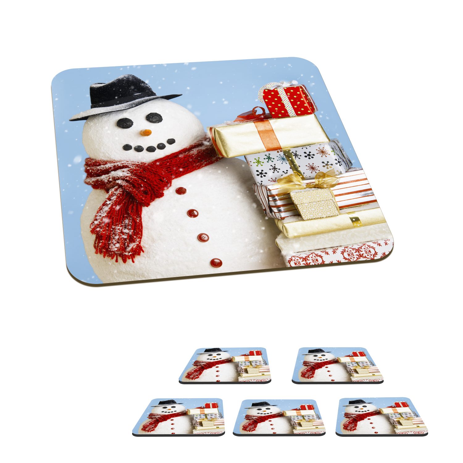 MuchoWow Glasuntersetzer Ein Schneemann mit Weihnachtsgeschenken, Zubehör für Gläser, 6-tlg., Glasuntersetzer, Tischuntersetzer, Korkuntersetzer, Untersetzer, Tasse