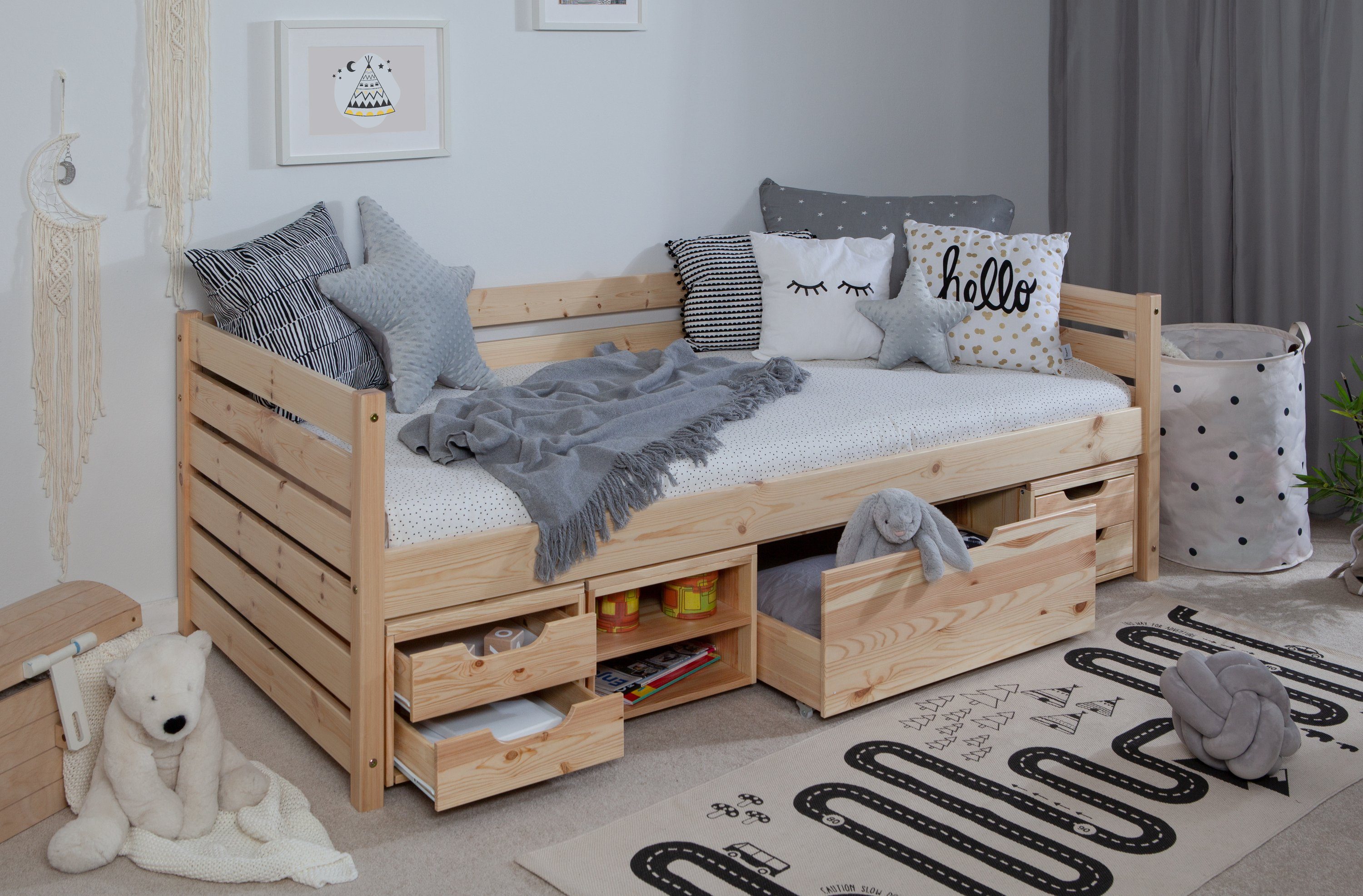 Ticaa Bettgestell Sofabett Naomi inkl. Funktionsschubkästen, 90x200, Inkl. Funktionsschubkästen auf Rollen