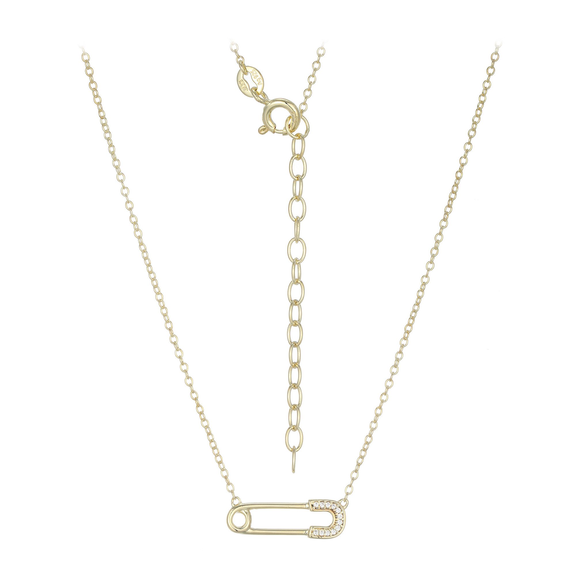 Silberkette Zirkon Collier 0,03 ct, 925er vergoldet, Sicherheitsnadel Anhänger