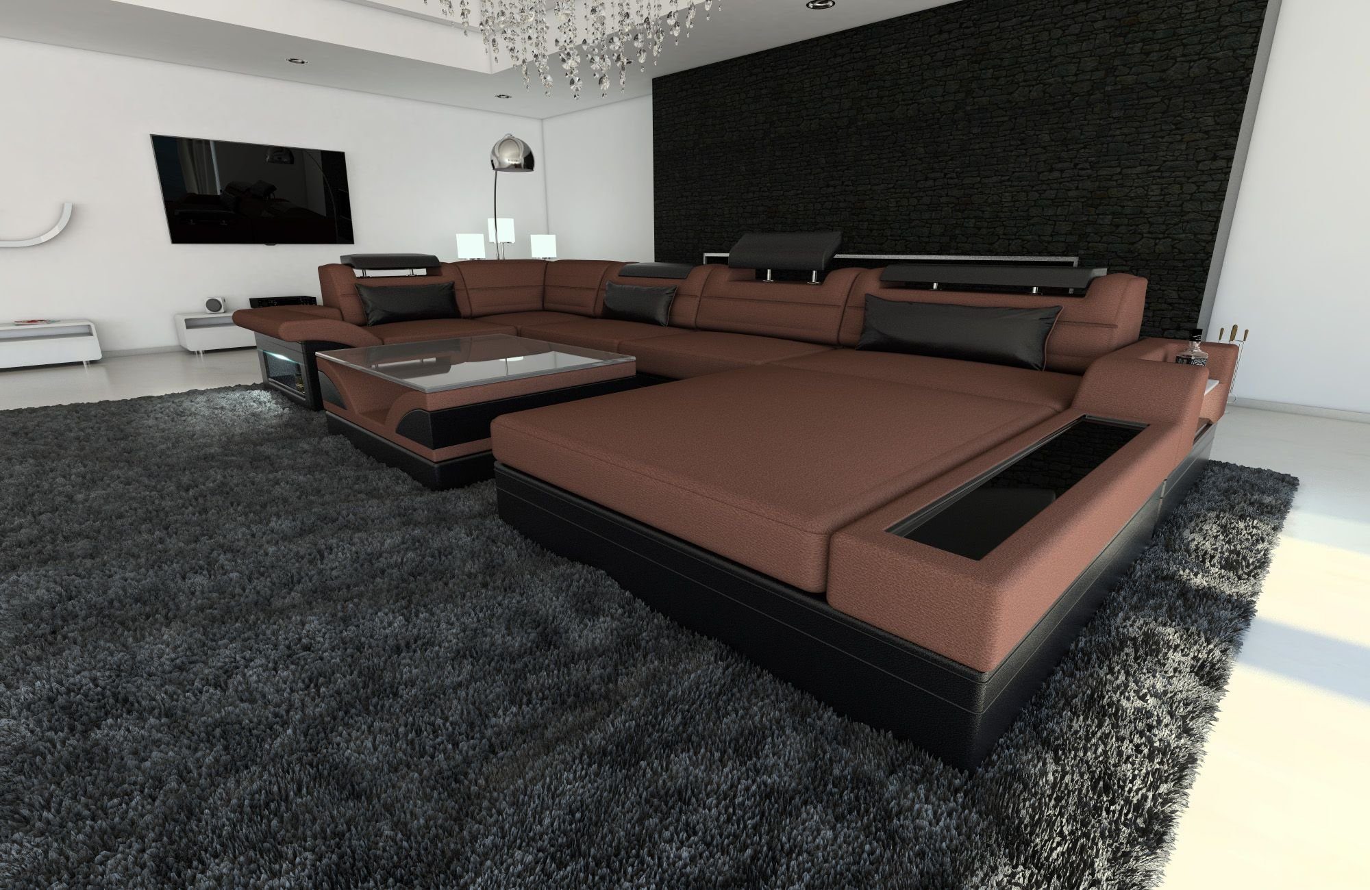 Sofa Dreams Wohnlandschaft Couch Sofa Stoff Mezzo U Form Stoffsofa, mit LED, wahlweise mit Bettfunktion als Schlafsofa, Designersofa C69 Hellbraun-Schwarz