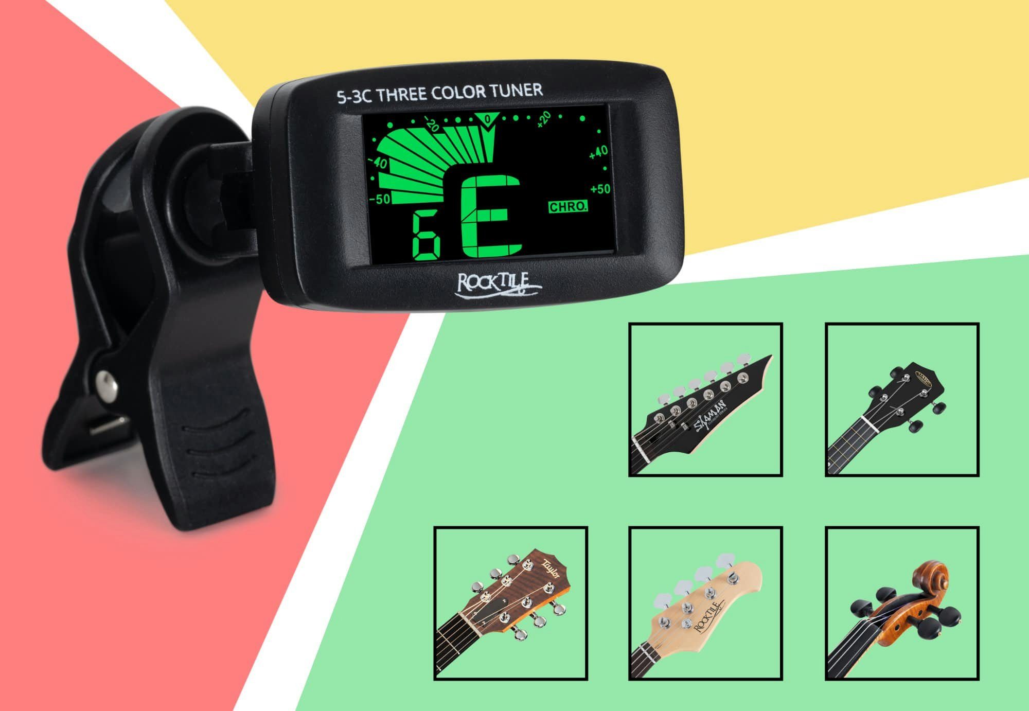 Rocktile Stimmgerät 5-3C Three Color Clip-Tuner, (inkl. Knopfbatterie), Geeignet für Gitarre, Bass, Ukulele und Violine – Bild 5 von 5