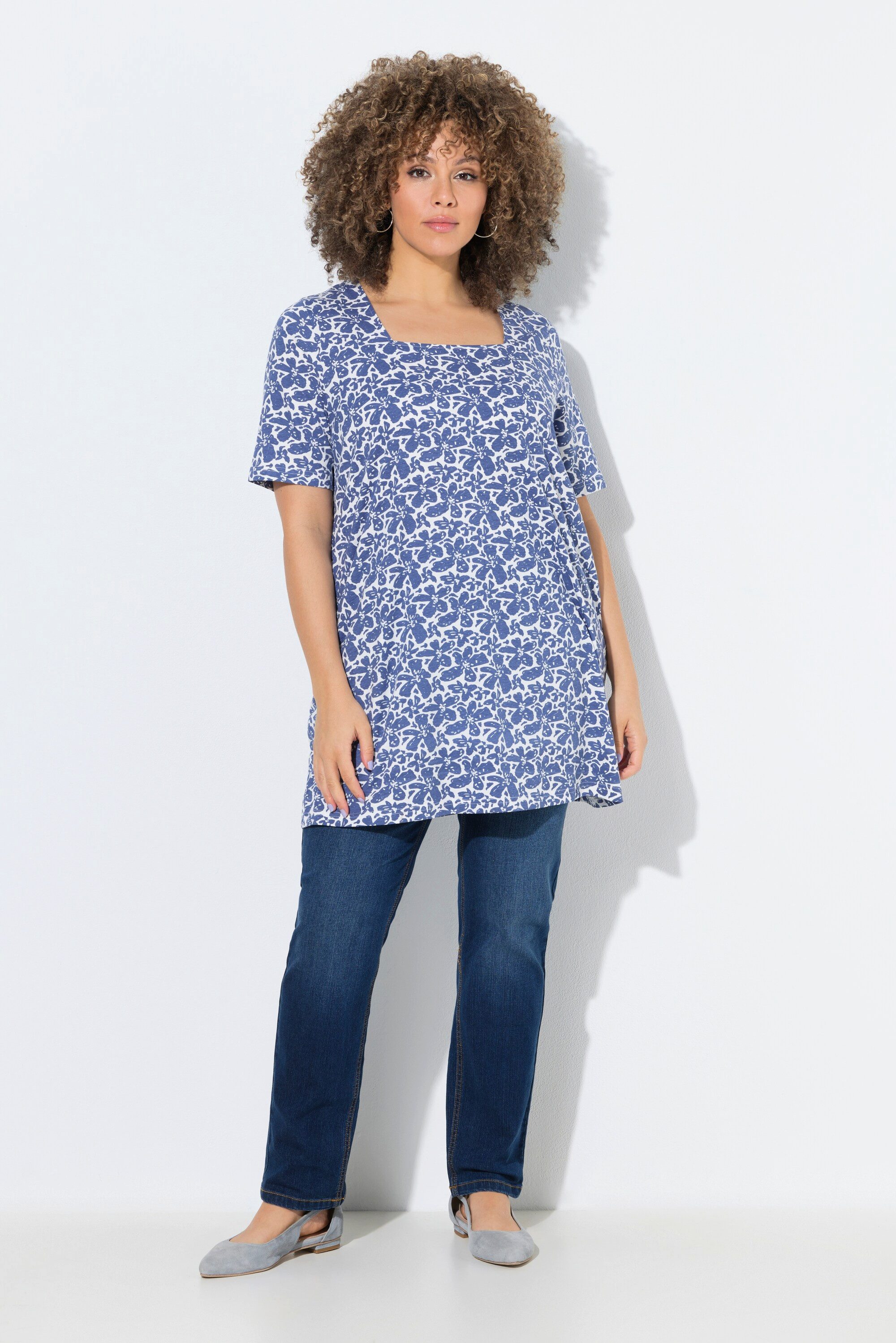 Ulla Popken Longshirt Longshirt A-Linie Carré-Ausschnitt Halbarm günstig online kaufen
