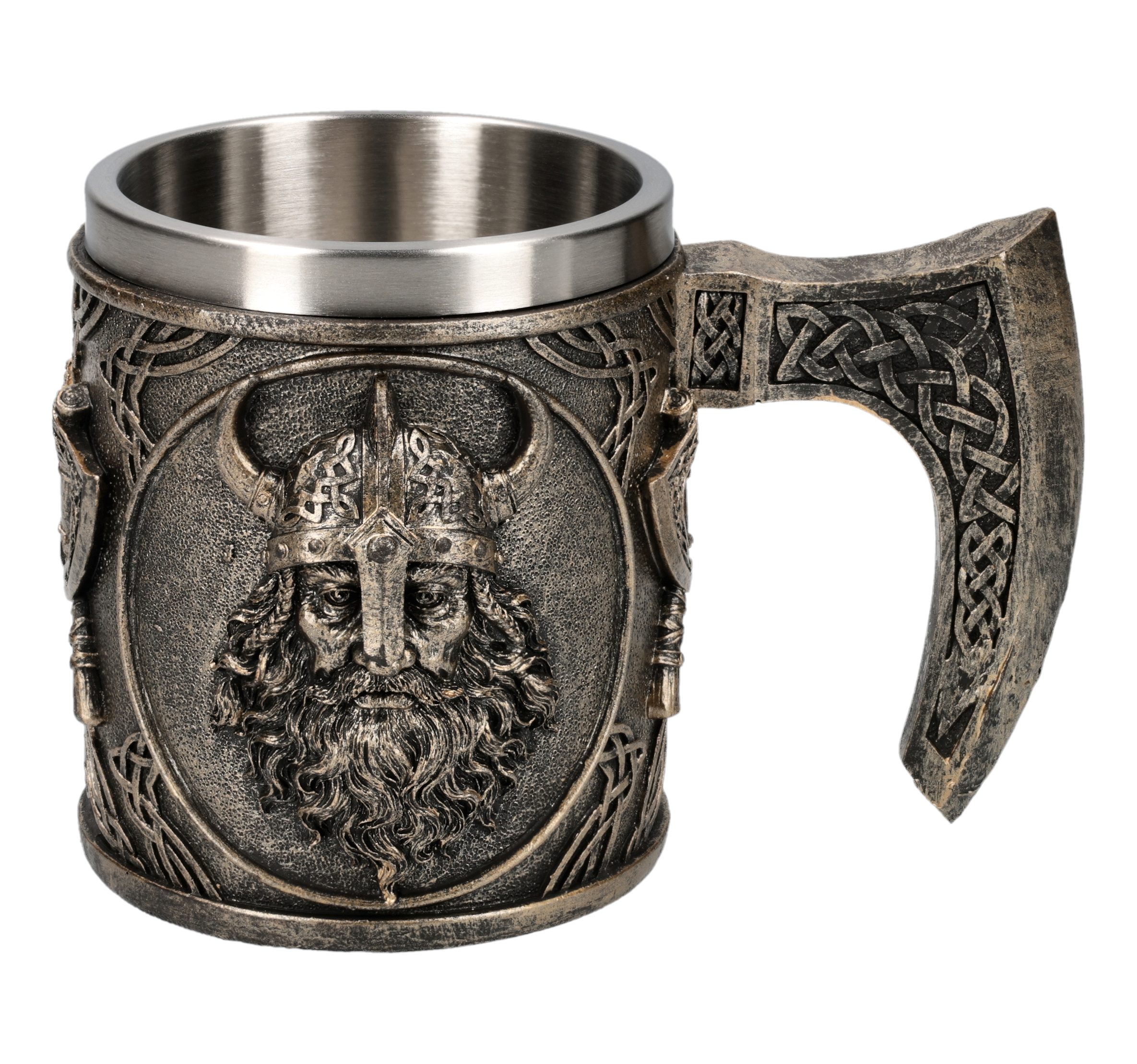 Figuren Shop GmbH Bierkrug Wikinger Krug – Metbecher Sammlerkrug Gothic Bierkrug mit Äxten 10.5cm, Kunststein (Polyresin), Edelstahl