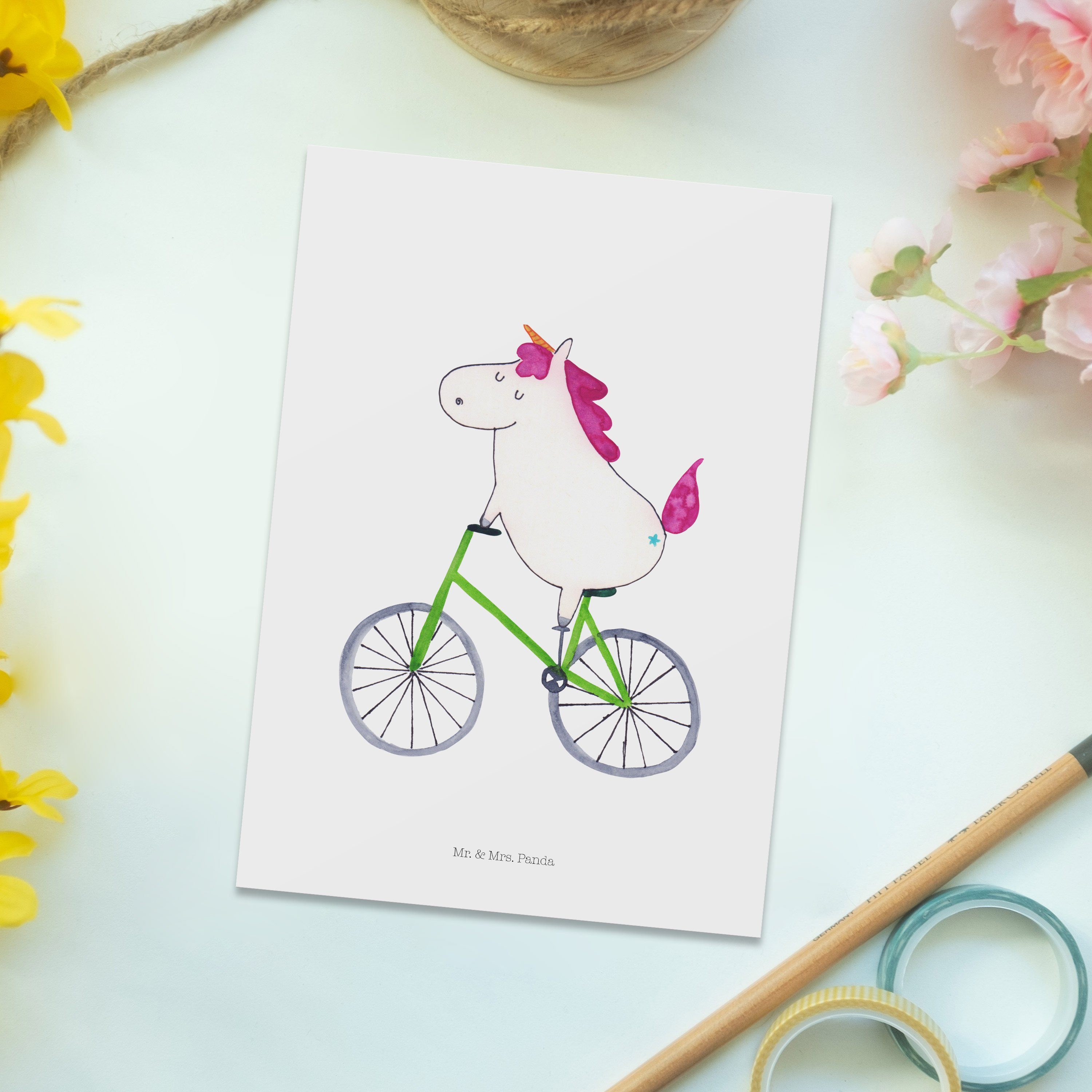Postkarte & Weiß Geschenk, Einladung, - Einhorn Mrs. Panda Radfahrer Konfetti, Ei Unicorn, Mr. -