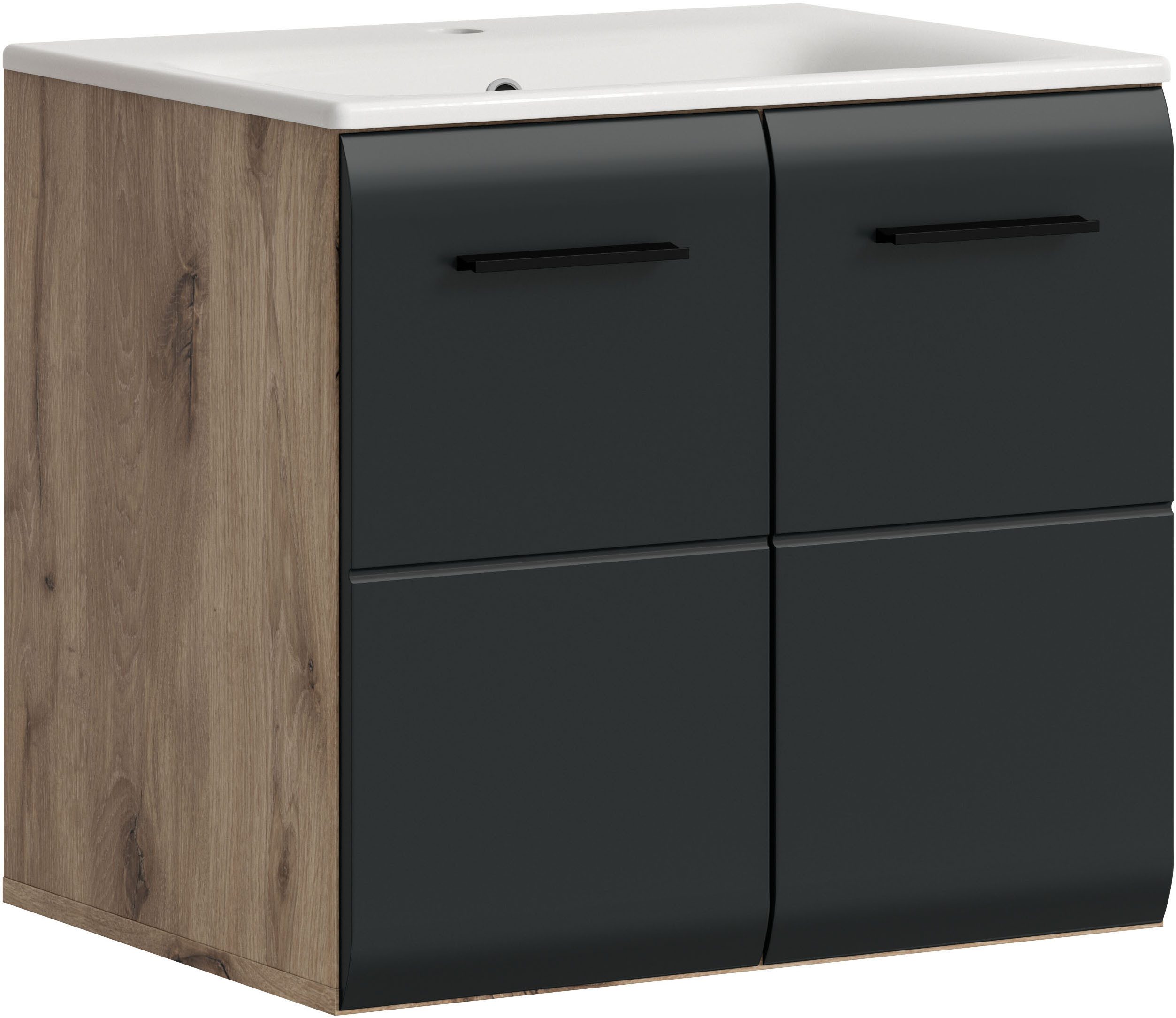 welltime Waschbeckenunterschrank FLORENZ, Breite 60 cm, inkl. Waschbecken, hängende Montage (2-St., TOPSELLER) hochwertige MDF Front, Griff schwarz, Badschrank, Bad