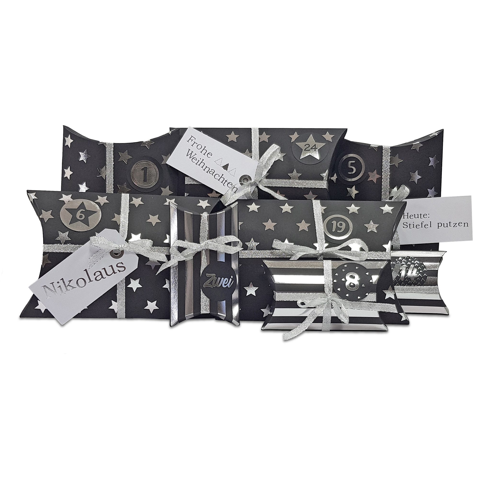 Frau WUNDERVoll befüllbarer Adventskalender Adventskalender zum Befüllen HoHoHo Metallic, schwarz, silber