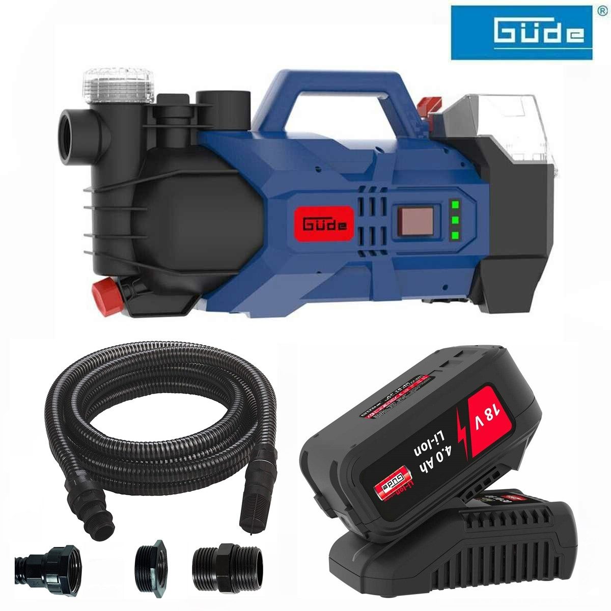 Güde Akku-Gartenpumpe Gartenpumpe GP 18 V mit Akku 4.0 Ah Wasserfilter Saugschlauch