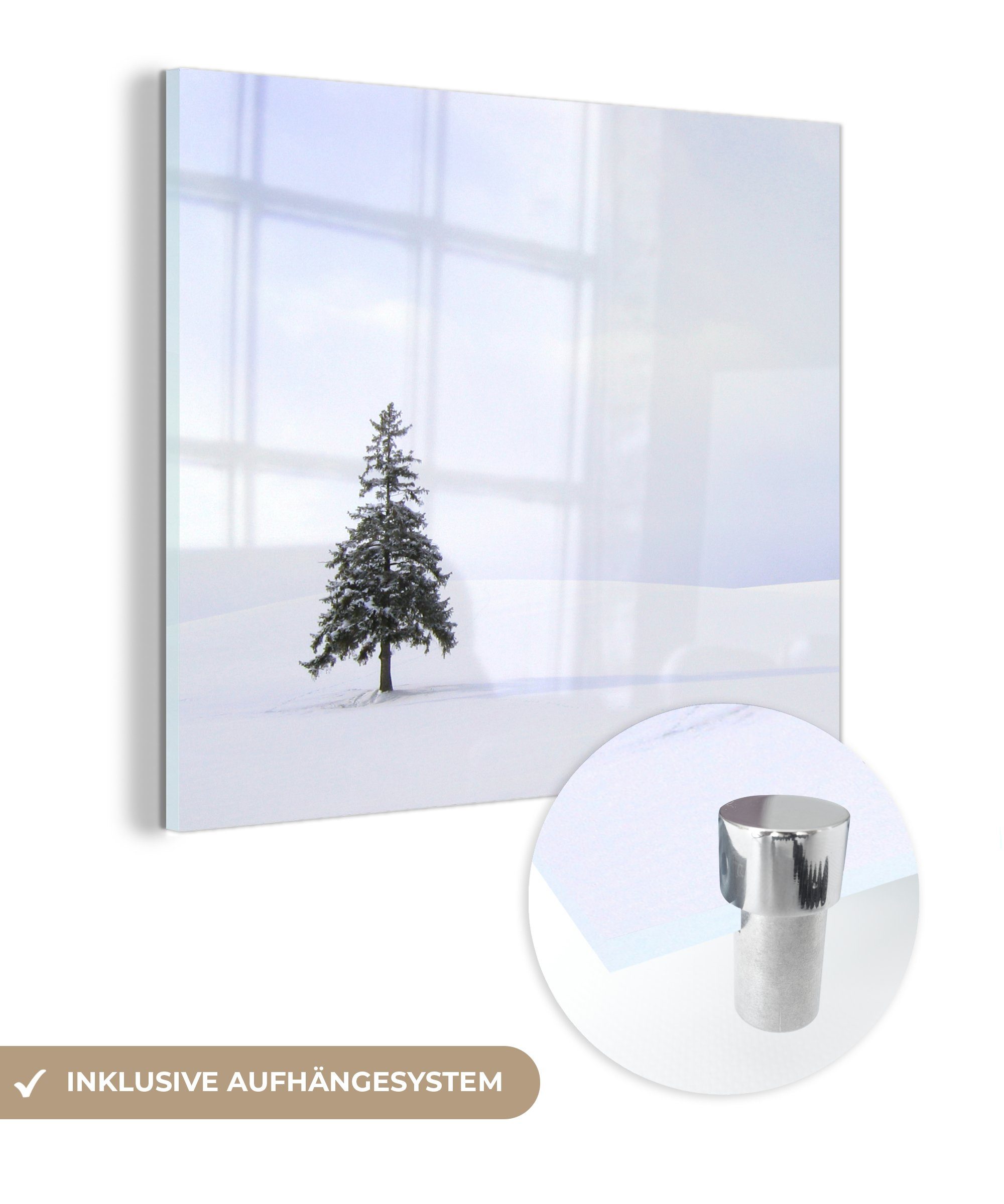 MuchoWow Acrylglasbild Eine verschneite Lücke mit einer Kiefer, (1 St), Glasbilder - Bilder auf Glas Wandbild - Foto auf Glas - Wanddekoration | Bilder