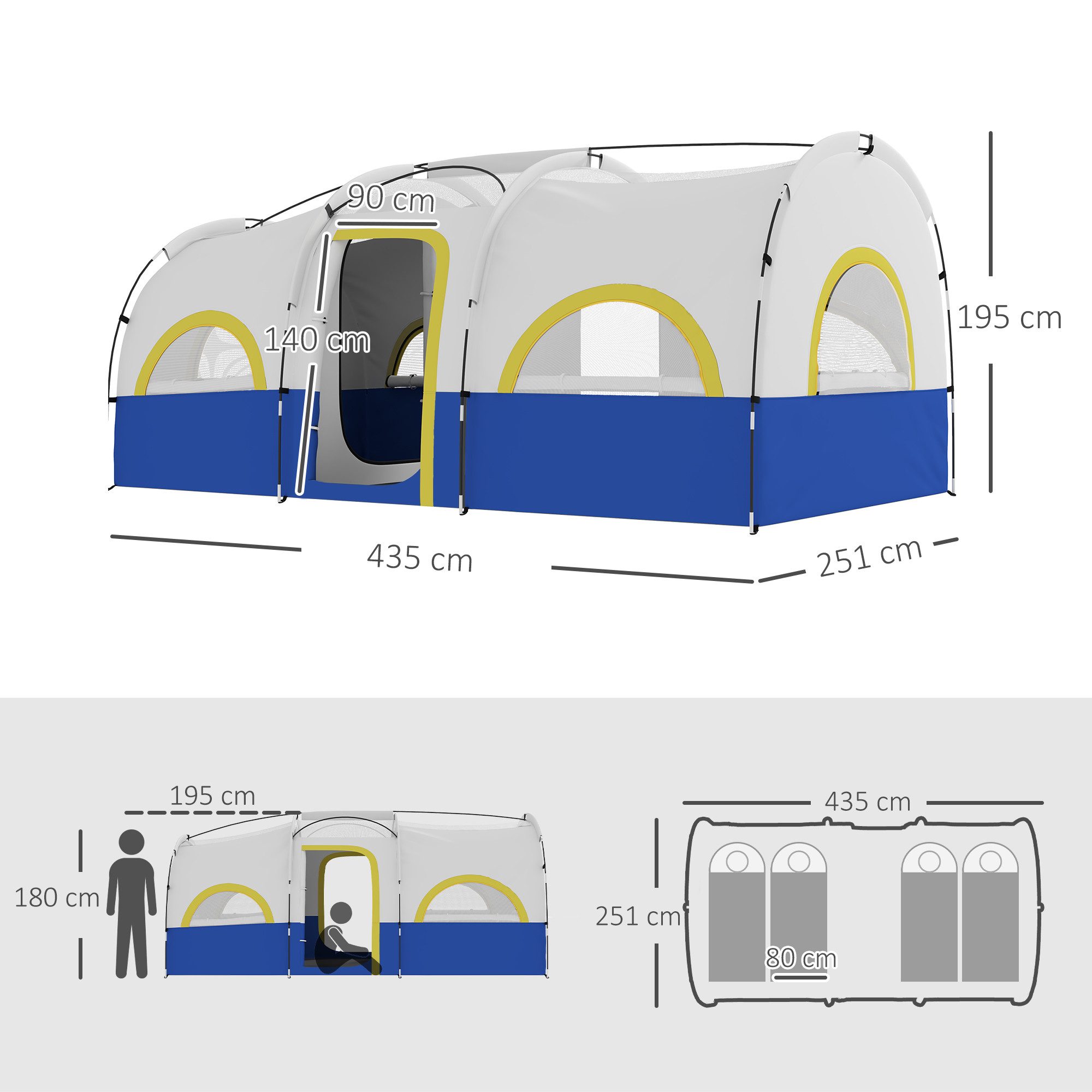 Outsunny Tunnelzelt Campingzelt, Winddichte Familienzelt mit UV Schutz, Personen: 4 (Gruppenzelt, 1 tlg., 3000mm Wasserabweisend Familienzelt), für Garten, Camping, Blau
