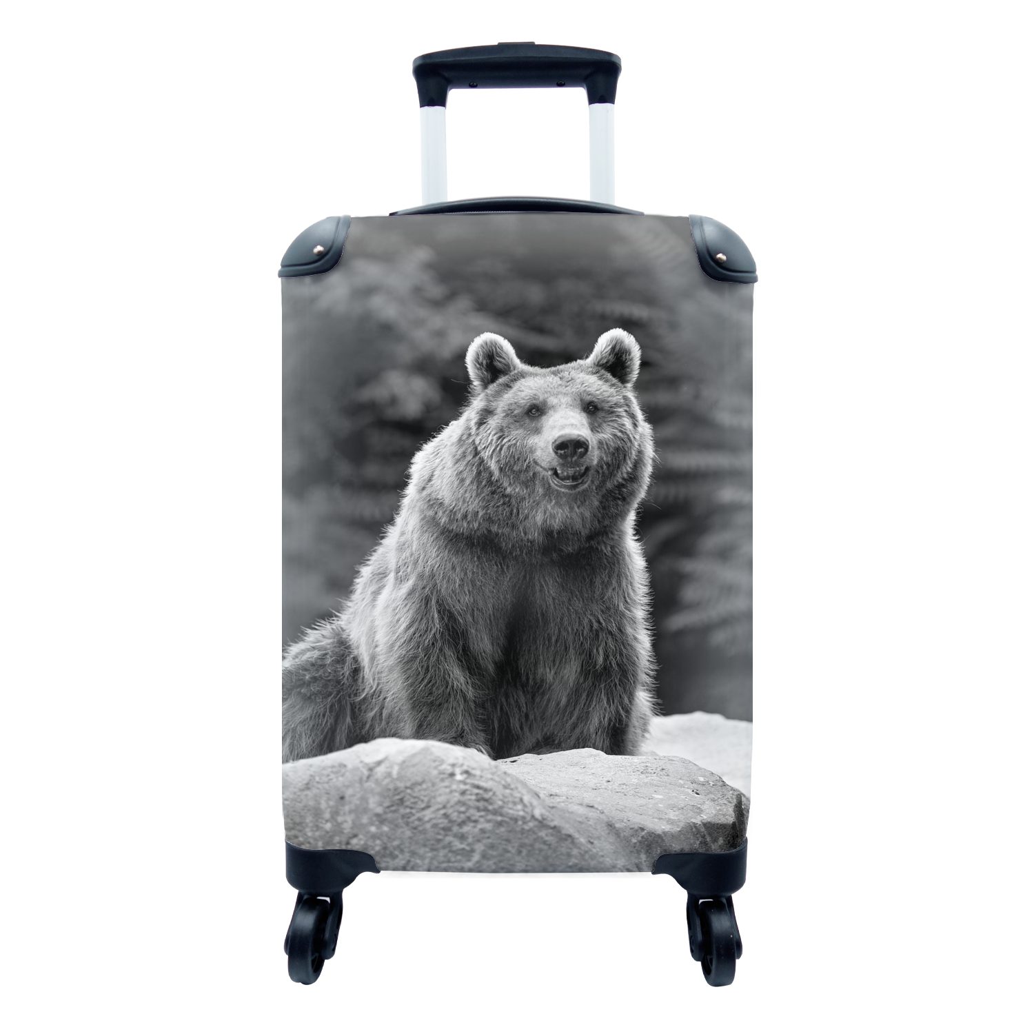 MuchoWow Handgepäckkoffer Bär auf Felsen - schwarz und weiß, 4 Rollen, Reisetasche mit rollen, Handgepäck für Ferien, Trolley, Reisekoffer