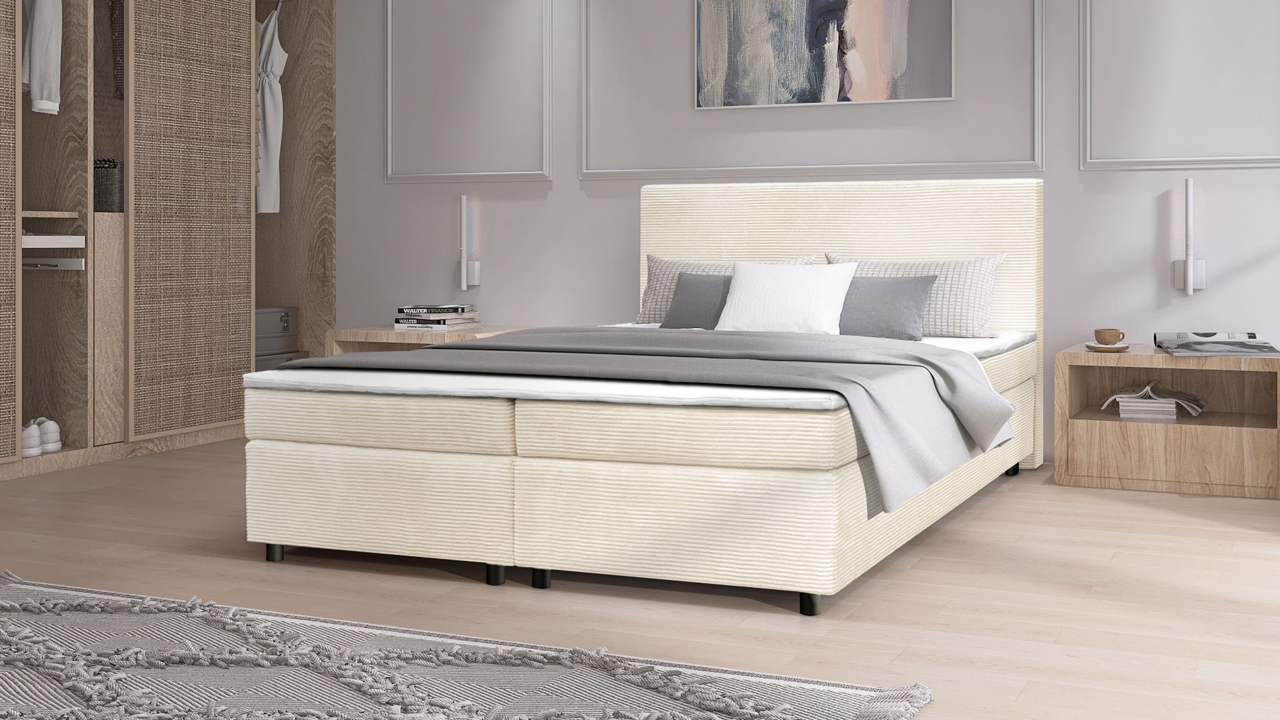 Küchen-Preisbombe Boxspringbett Paxos Cordstoff Beige 180x200 Hotelbett Bonellfederkern Bett