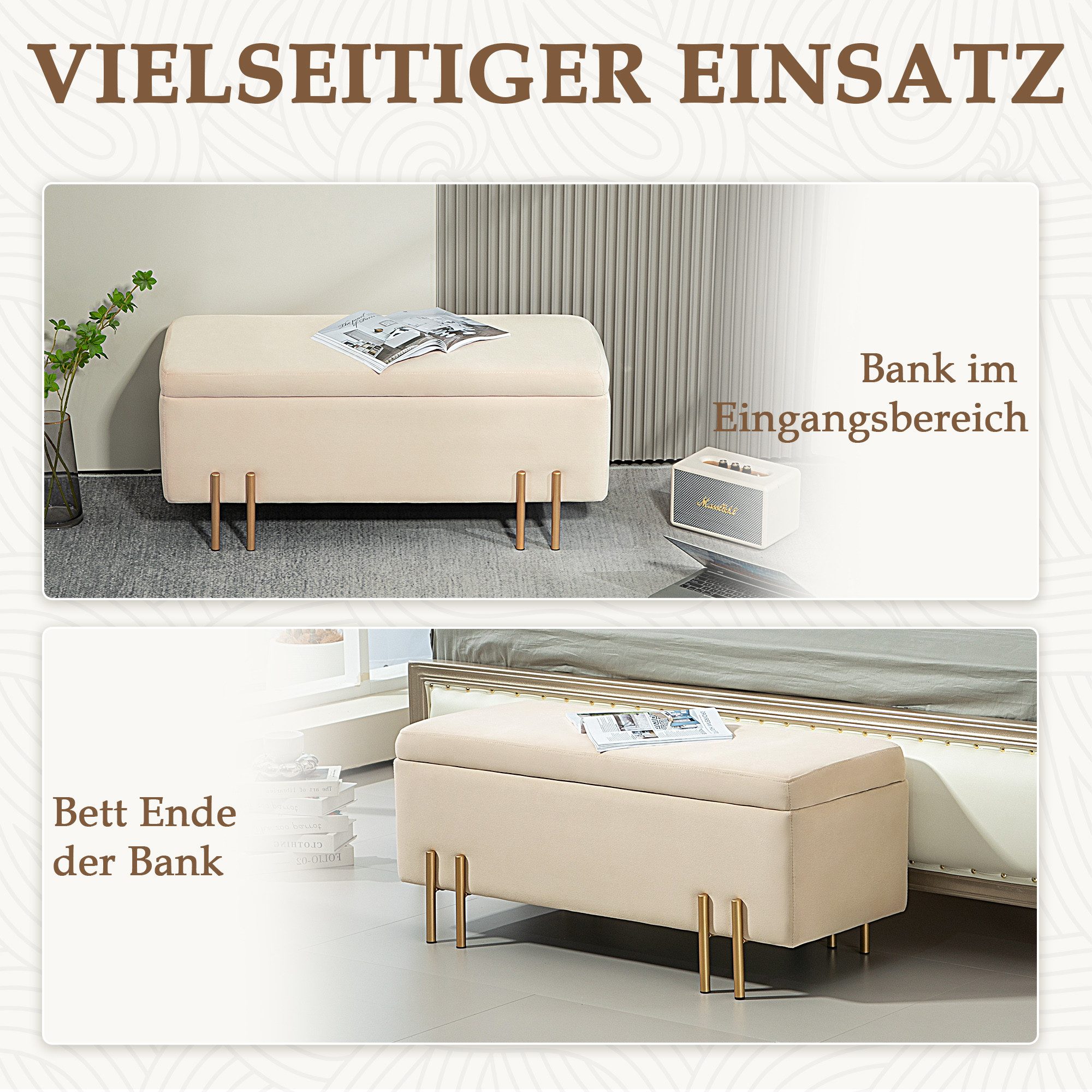 REDOM Sitzbank Beige Polsterbank 100x40x42 cm mit Stauraum & Holzbeinen, Samt-Optik (Packung, 1-St., Vielseitig als Sitzgelegenheit & Aufbewahrungstasche nutzbar), Ideal für Diele, Schlafzimmer & Wohnbereich – dekorativ & praktisch