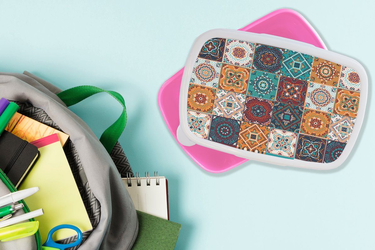 Mädchen, Kunststoff, Brotdose (2-tlg), Lunchbox rosa Design Retro Snackbox, Erwachsene, - Brotbox MuchoWow für - Orange - Blatt Braun, Kinder, Kunststoff -