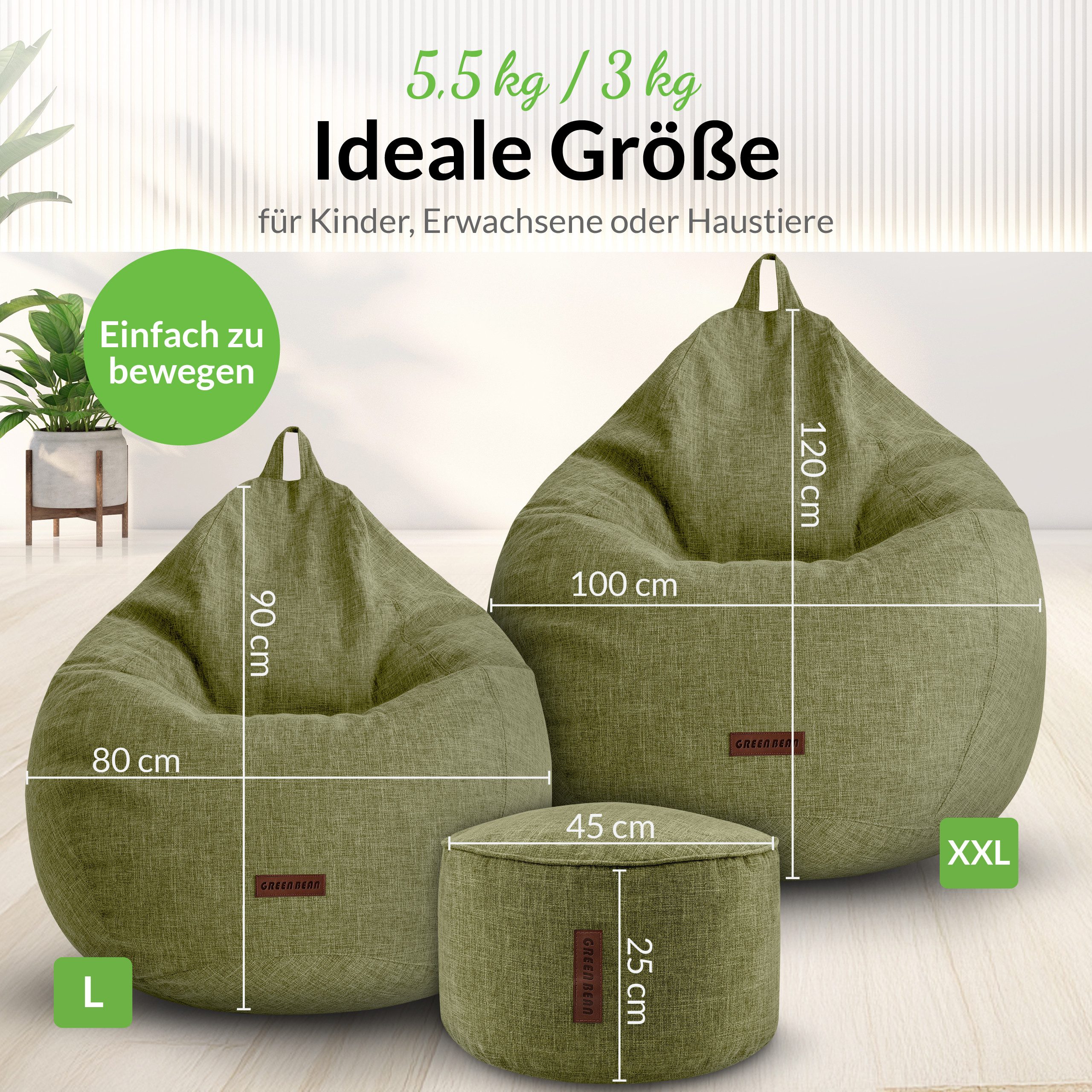 Green Bean Sitzsack Home-Linen (Indoor Riesensitzsack und Pouf mit EPS-Perlen Füllung, Kuschelig Weich Waschbar), Drinnen Stoff Bodenkissen Liegekissen Sitzkissen Lounge