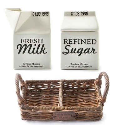 Rivièra Maison Milchkännchen Milchgießer und Zuckerdose Carton mit Tablett Rustic Rattan (3er-Set)