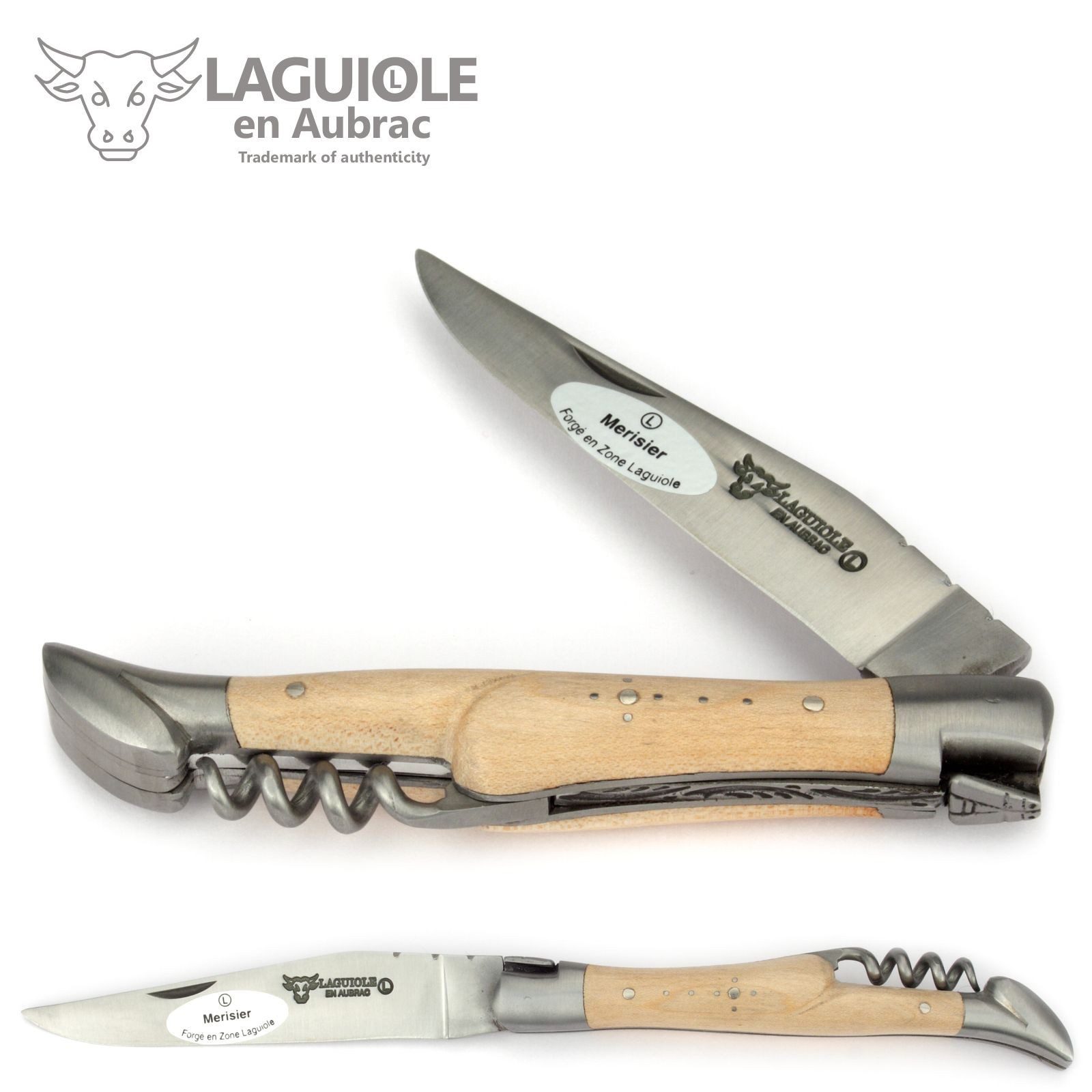 Laguiole en Aubrac Taschenmesser L0311ERIS, Griff 11cm Kirschholz - Feder verziert - Korkenzieher - Stahl matt