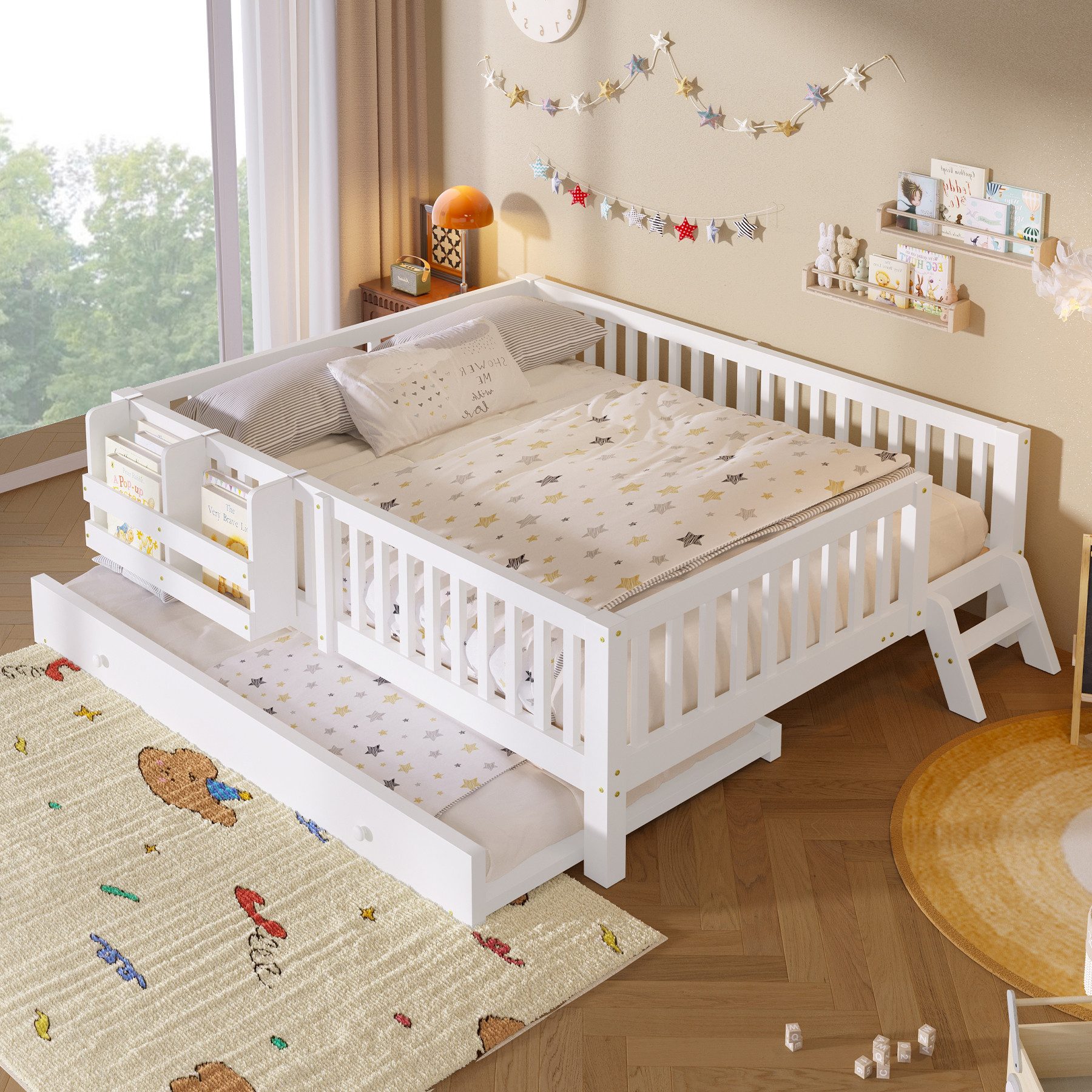 Flieks Massivholzbett, Kinderbett 140x200cm mit Ausziehbett 90x190cm, Ablagefächer, Geländer