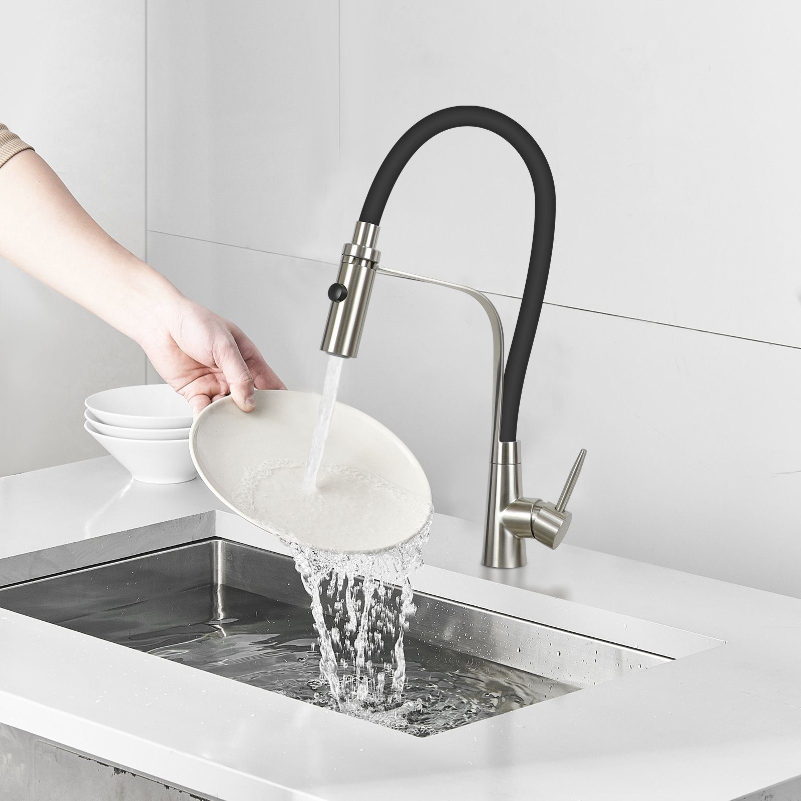 Nettlife Küchenarmatur Hochdruck Ausziehbar Küche mit Brause Schwarz  Spültischarmatur (Mischbatterie) Wassersparenden, Herausziehbare Brause,  Flexibler Design, 360° drehbar