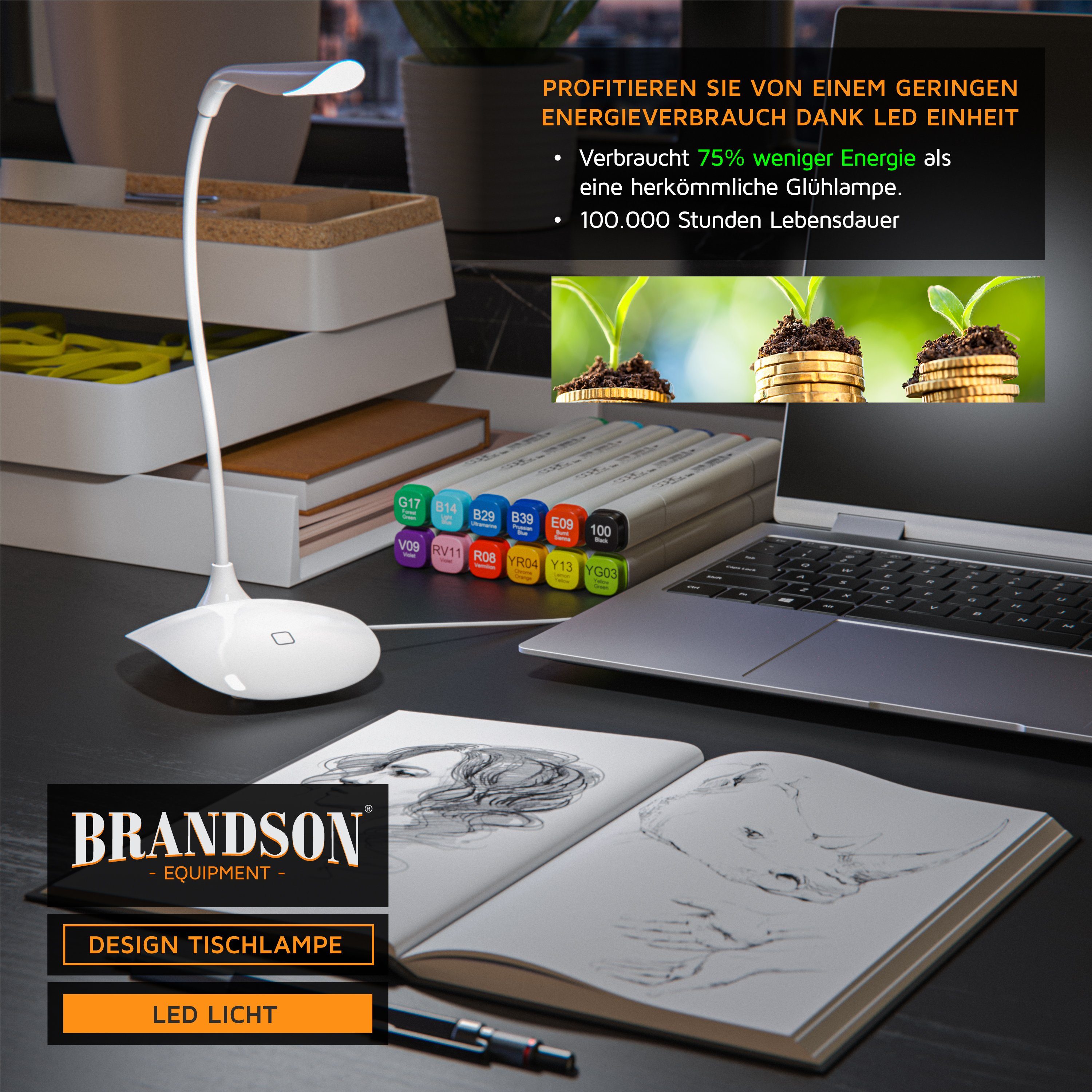 Brandson Schreibtischlampe Bürolampe, Tischleuchte, leuchtstarke 70 Lumen, Energiesparend, 3 Watt, mehrere Helligkeitsstufen, LED fest integriert, warmweiß, Stromsparend, 3 Helligkeitsstufen, Batteriebetrieb möglich