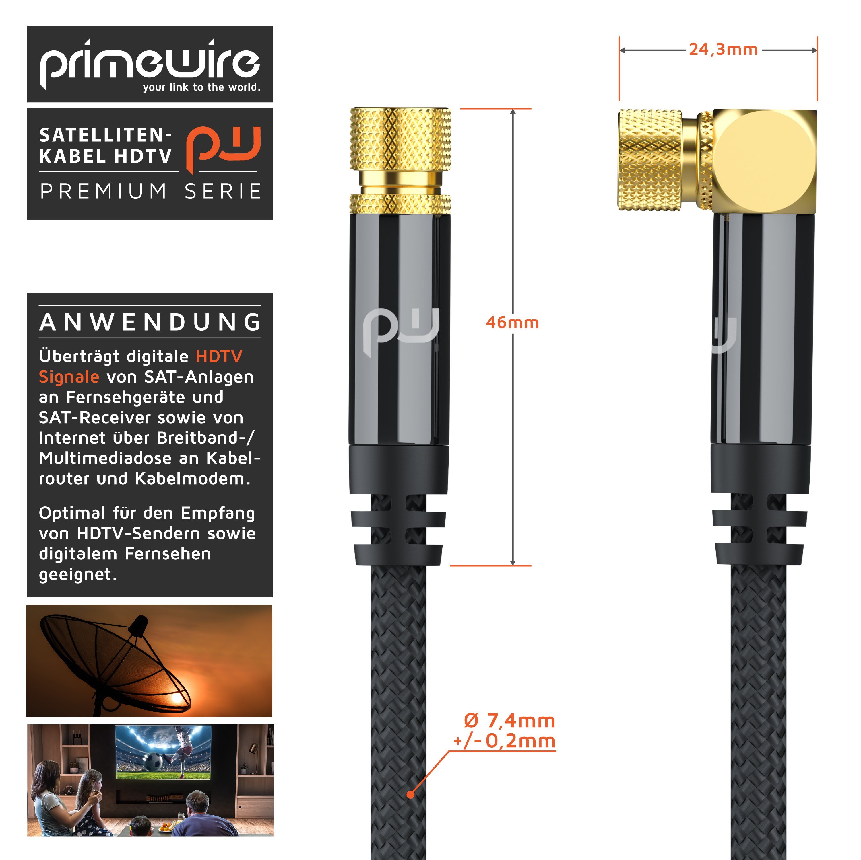 Primewire SAT-Kabel, Koaxial, F-Verbinder, Stecker (200 cm), HDTV Satellitenkabel gewinkelt, 135Db 75 Ohm, Stoffummantelung - 2m