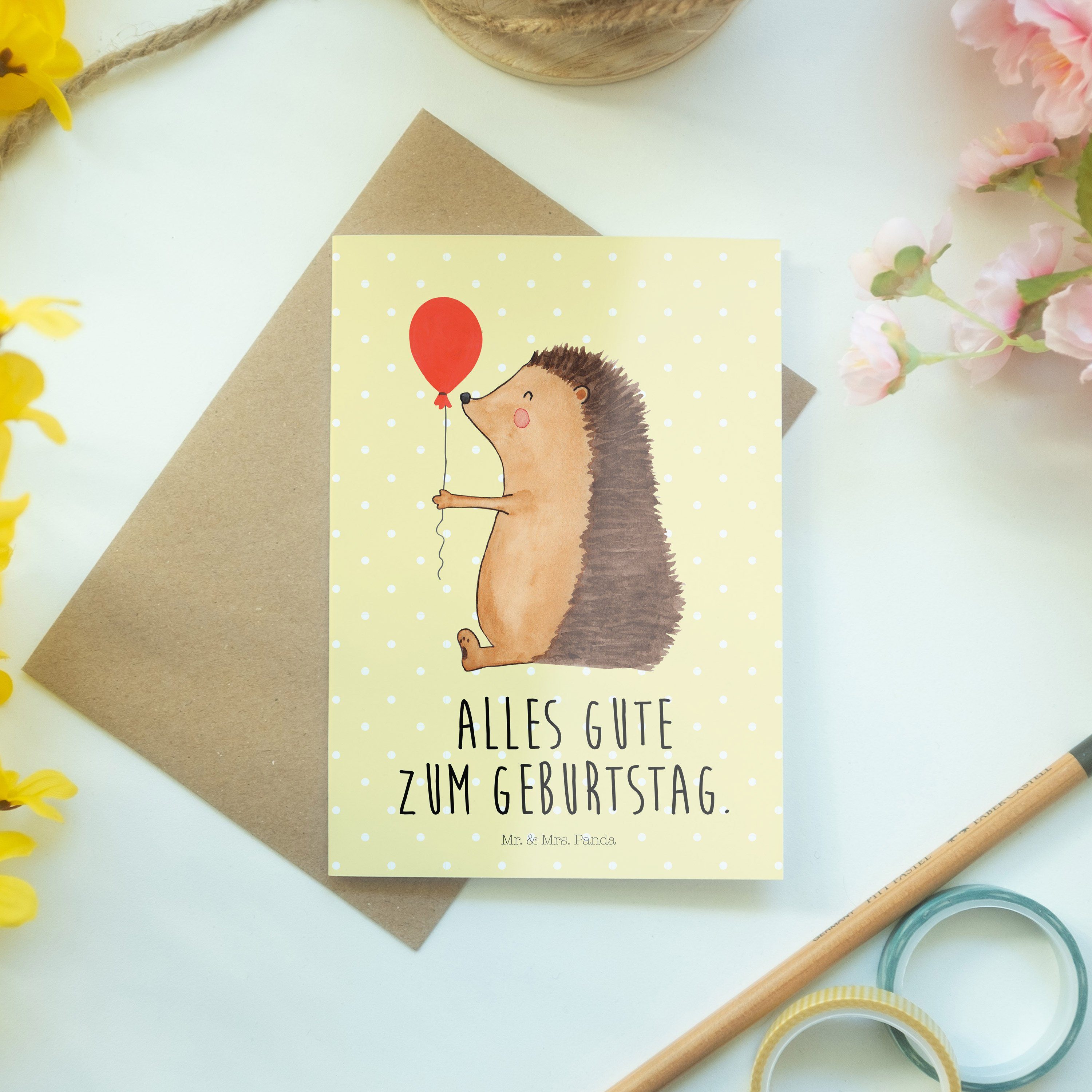 Gelb Klappkarte, mit Panda Luftballon Geschenk, Grußkarte Gute Pastell Mrs. - & Igel Laune - Mr.
