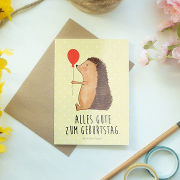 Mr. & Mrs. Panda Grußkarte Igel Luftballon - Gelb Pastell - Geschenk, Geburtstagskarte, Gute Lau, Hochglänzende Veredelung