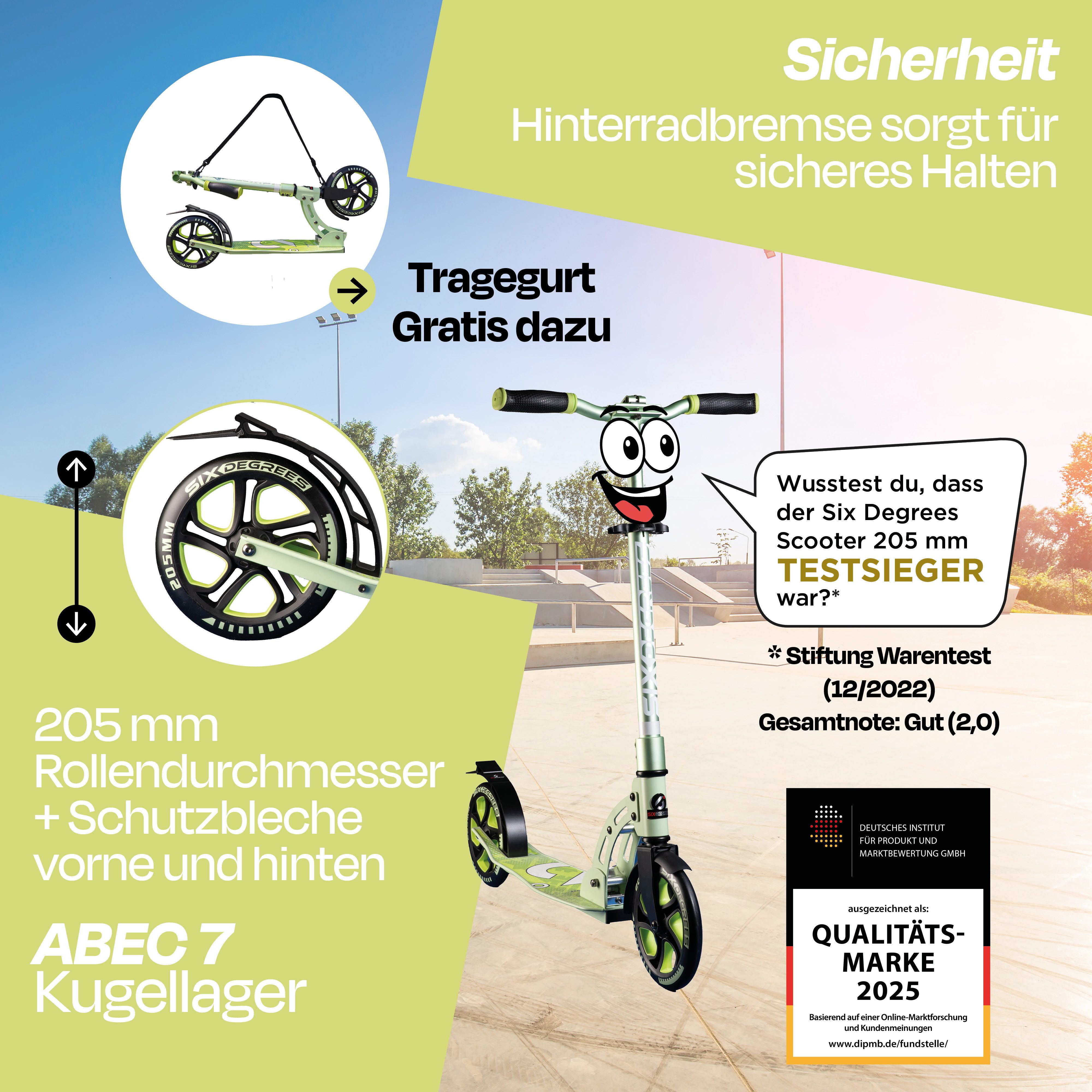 SIX DEGREES Cityroller aus Aluminium TESTSIEGER, Klappmechanismus, Ständer 205 mm PRIME, TESTSIEGER Stiftung Warentest