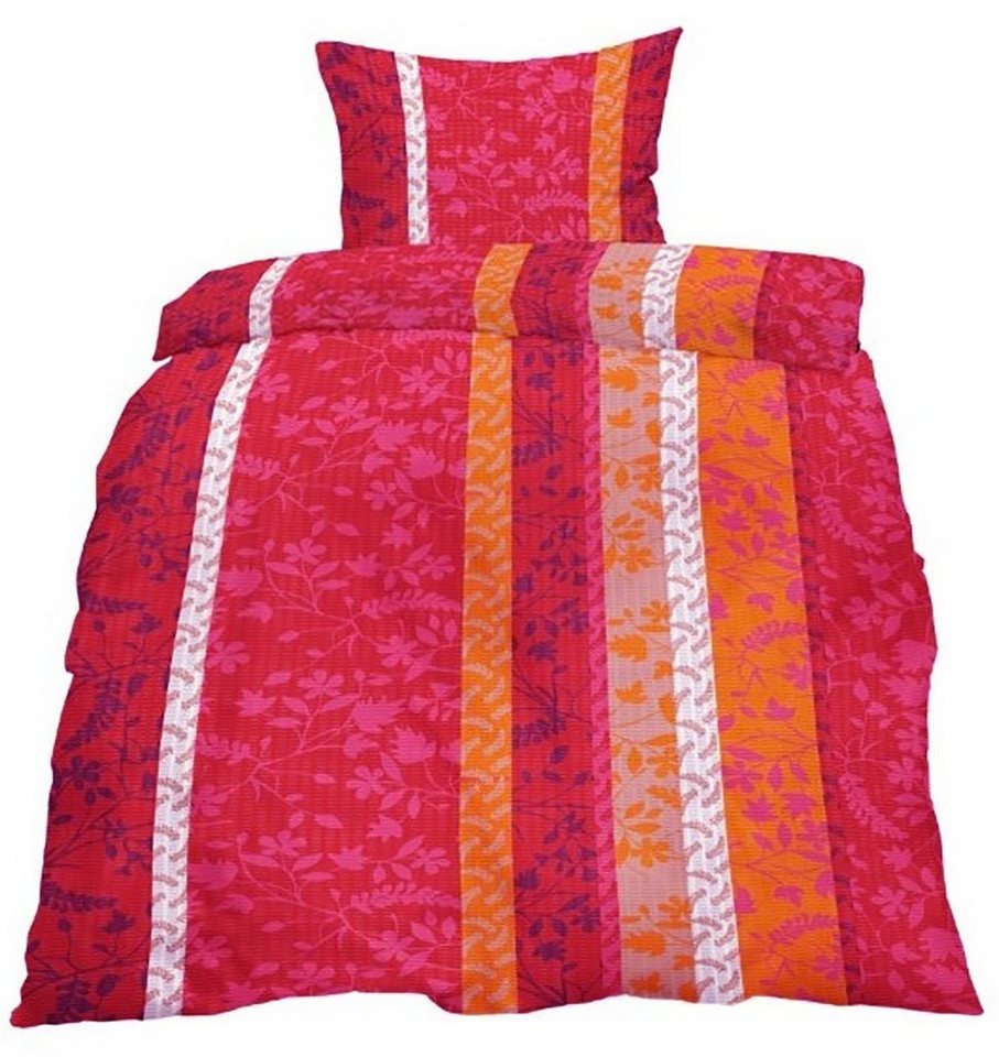 KH-Haushaltshandel Bettwäsche Baumwoll Seersucker Bettwäsche, 135 x 200 + 80x80cm, Streifen, Seersucker, rot orange beige weiß, bügelfrei, Streifen mit Rankenmuster
