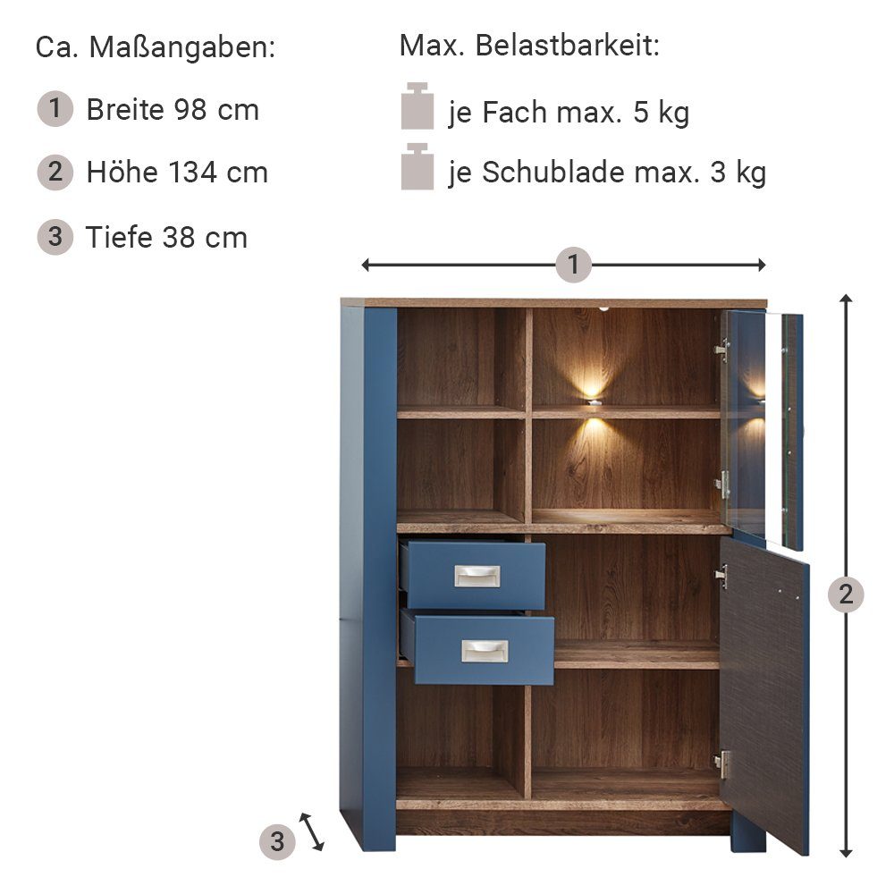 in Lomadox blau inkl. Eiche Nb., 4-tlg), DEVON-36, Beleuchtung mit Wohnwand Details Landhaus LED (4-St.,