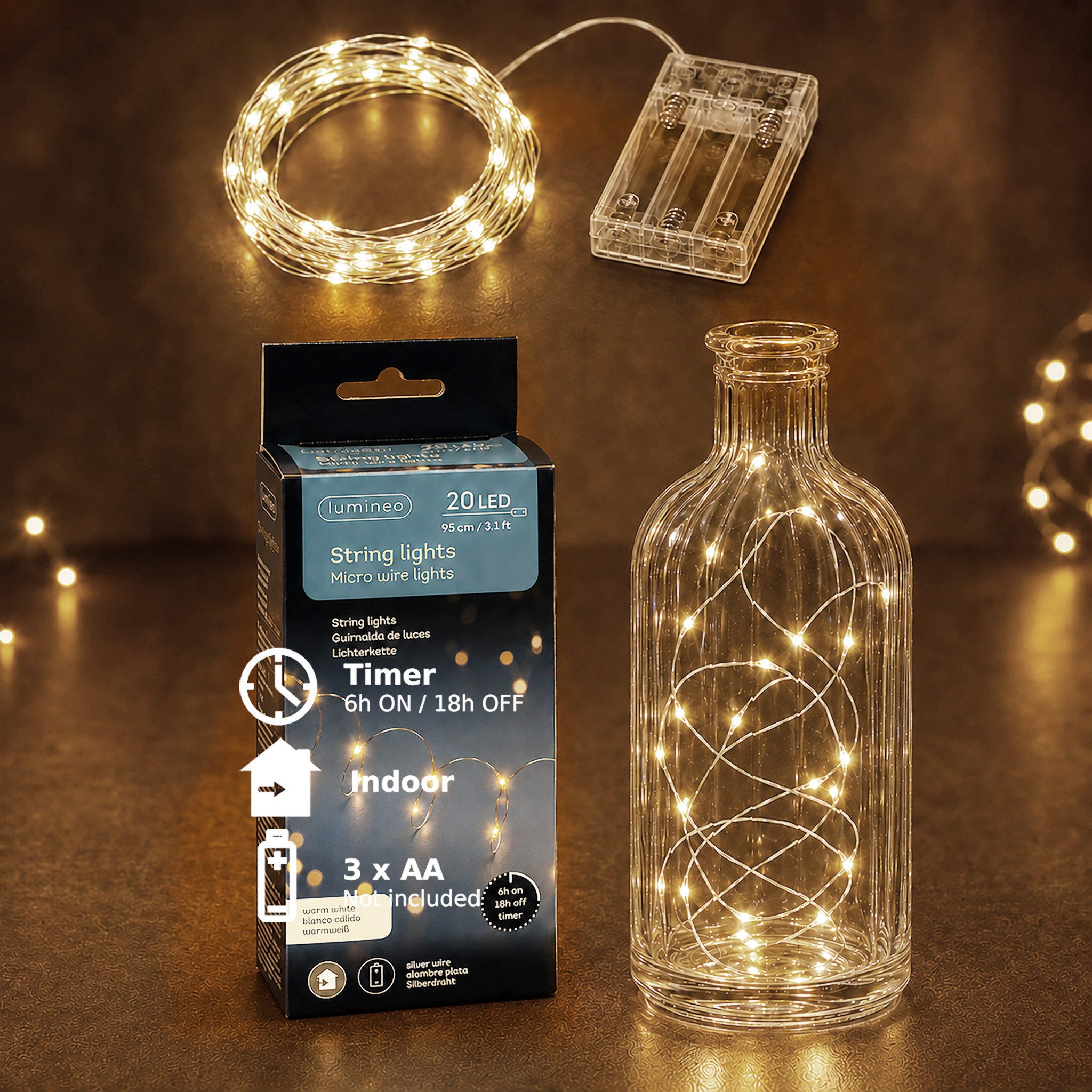 Lumineo LED-Lichterkette, LED Draht Lichterkette 95cm Batterie 20 Micro-LEDs Warmweiß / Silber