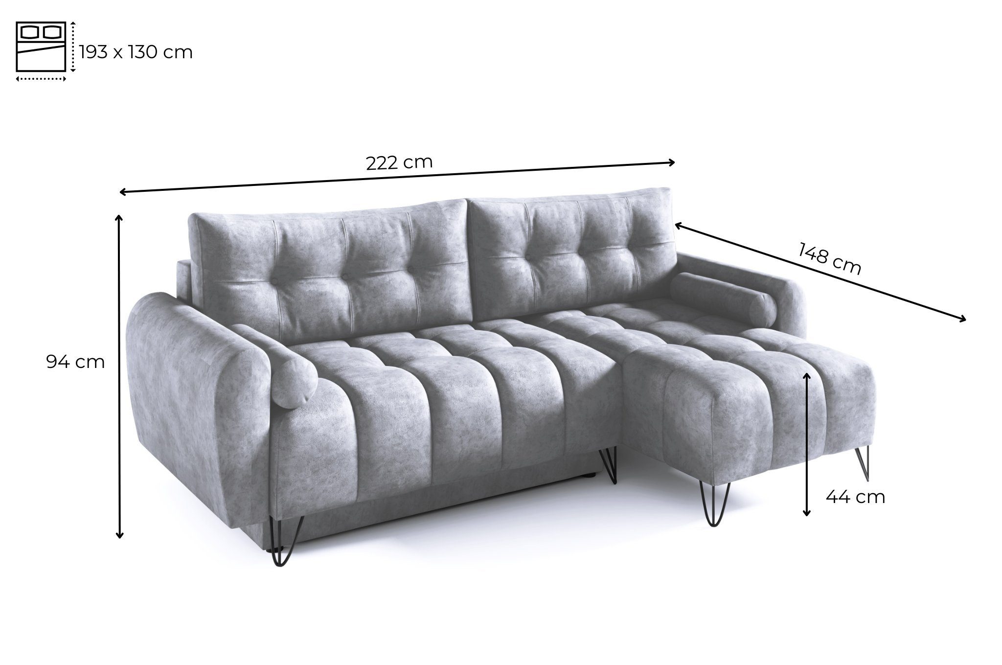Bettzeugablage L-förmiges 222x148x94 Schlaffunktion Ecksofa und (BxHxT): mit cm, mit Bettkasten Sofagarnitu Mini, Wohnzimmergarnitur Elegante OHIO Couch Ecke Schlaffunktion - MOEBLO