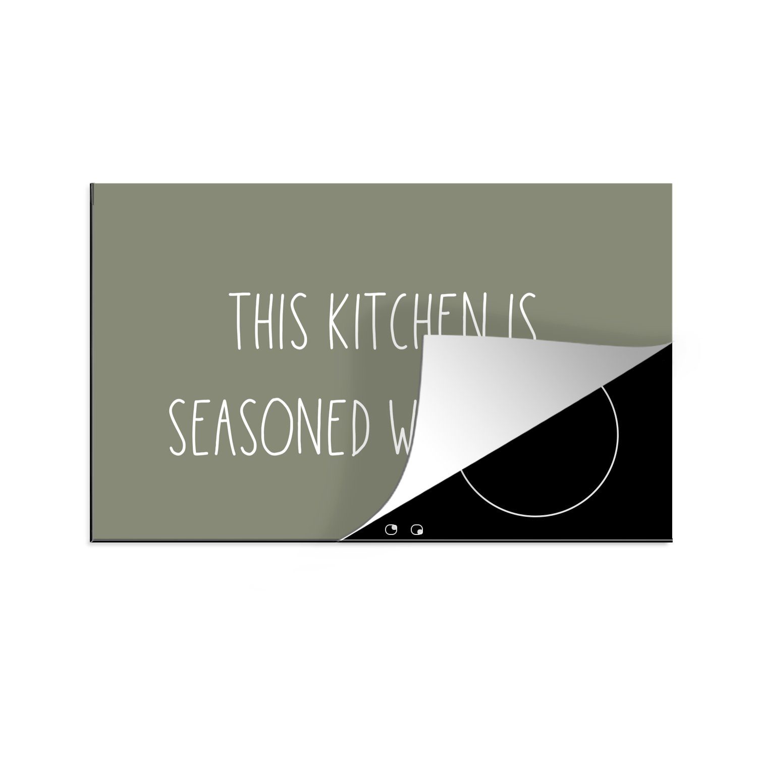 MuchoWow Herdblende-/Abdeckplatte Sprichwörter - Zitate - Diese Küche ist mit Liebe gewürzt - Küche -, Vinyl, (1 tlg), 83x51 cm, Ceranfeldabdeckung, Arbeitsplatte für küche