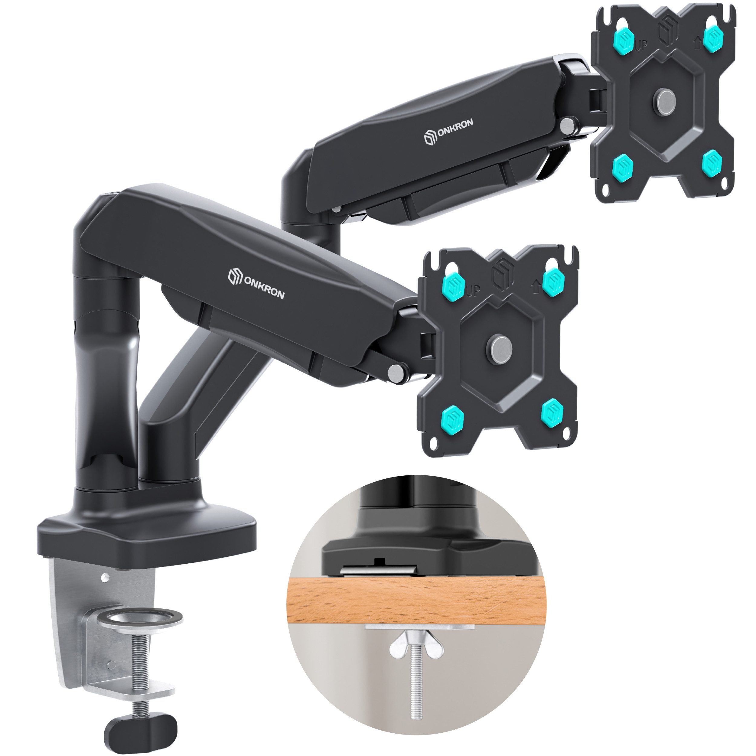 ONKRON Monitor-Halterung 13-32 Zoll, bis 8 kg pro Arm, VESA 75x75-100x100, G160, (bis 32 Zoll, neigbar, schwenkbar, drehbar, Gasdruckfeder, Kabelmanagement)