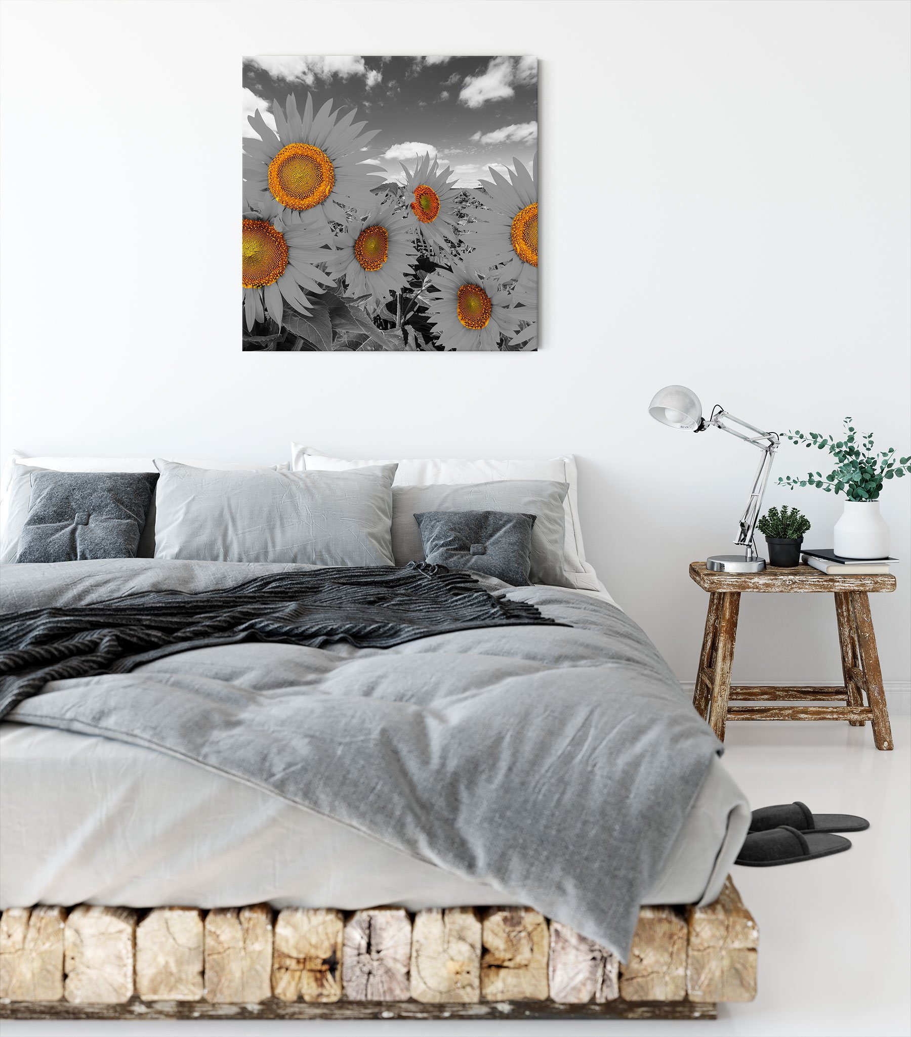 Pixxprint bespannt, Tolles Leinwandbild fertig Leinwandbild St), Sonnenblumenfeld Sonnenblumenfeld, Zackenaufhänger inkl. (1 Tolles