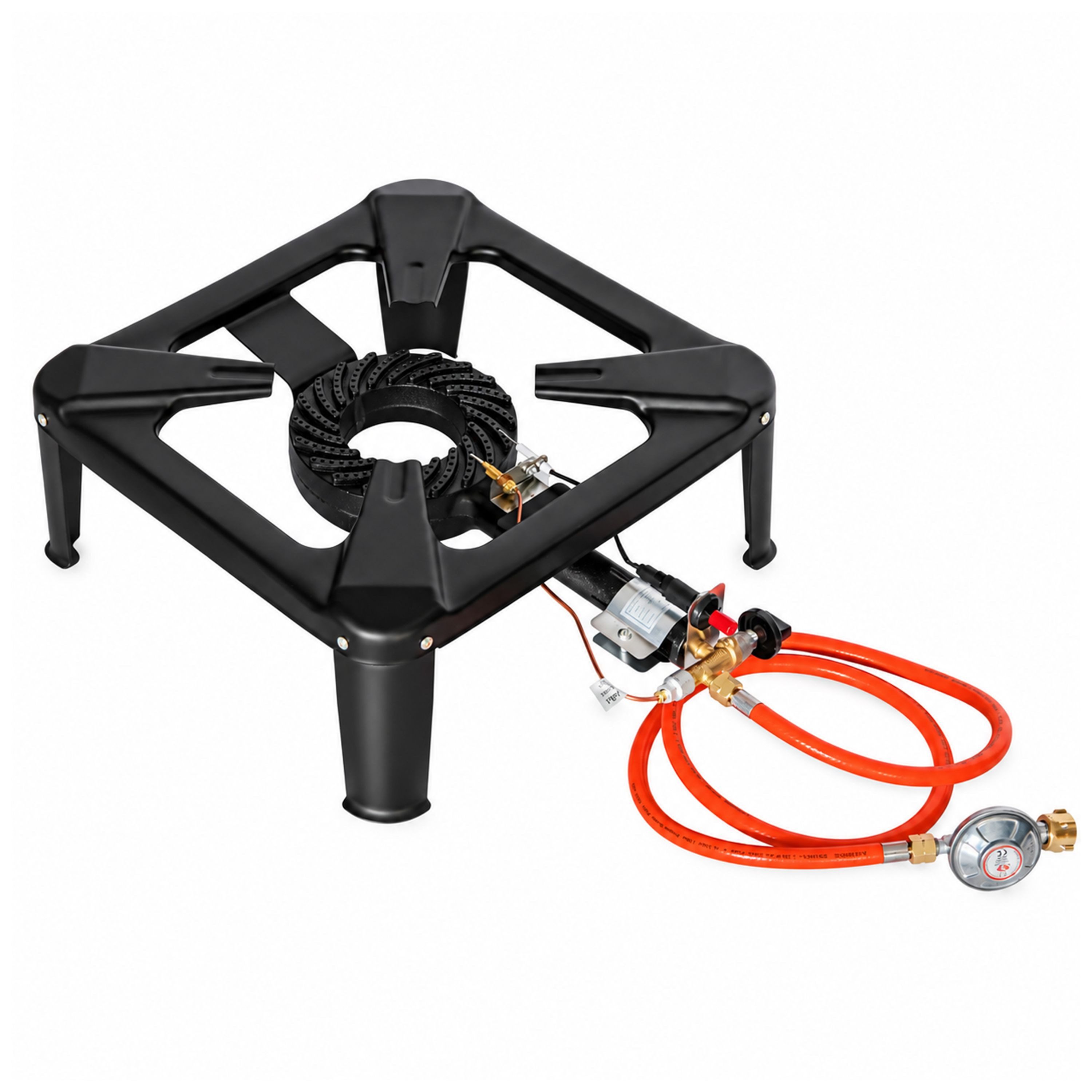 HELO24 Gaskocher Hockerkocher Gasbrenner Camping Wok 6,5kW 4-Fuß H1 + Schlauch + Regler