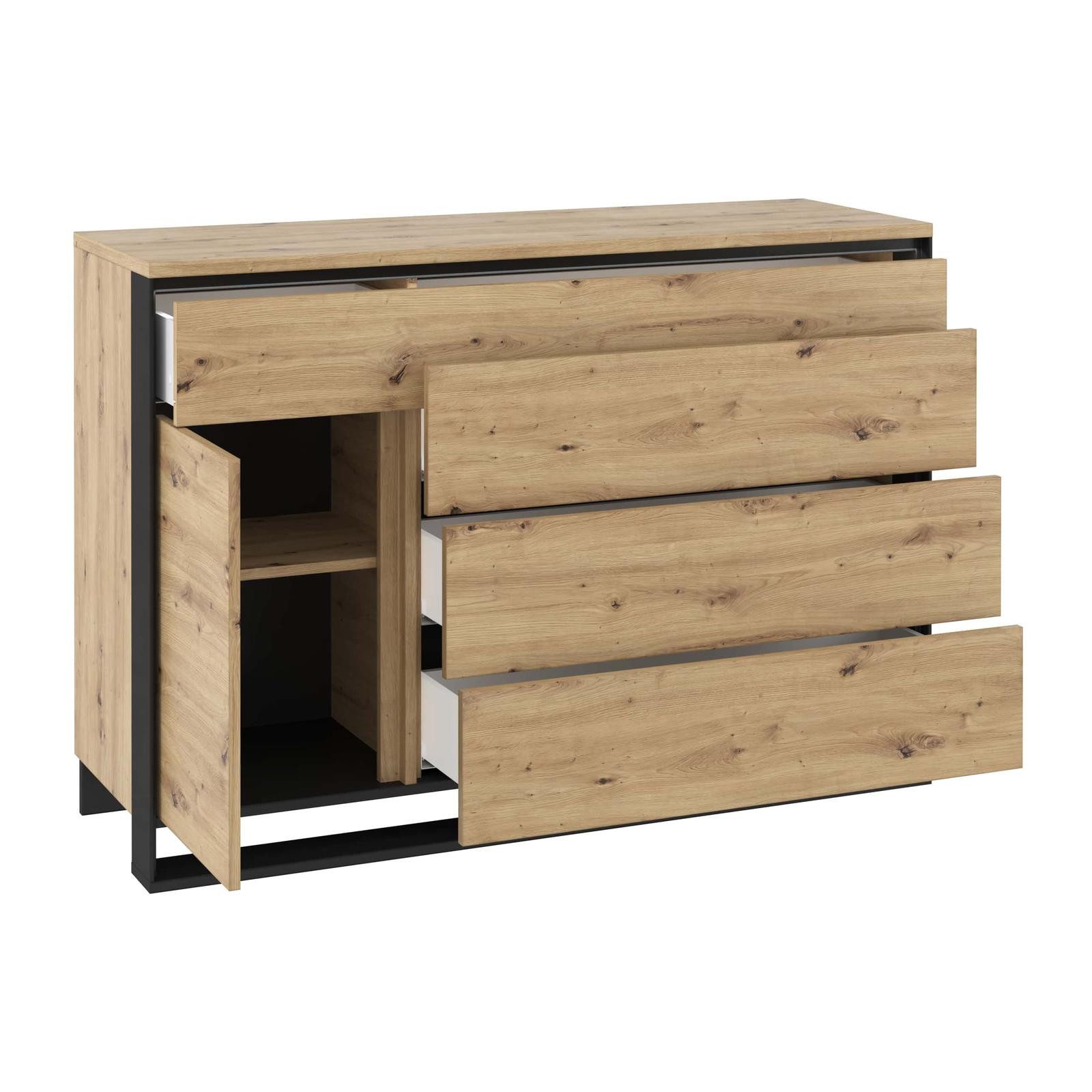 HAUSELEMENT Kommode QUANT QA-08, Sideboard 130 cm 4 Schubladen 1 Tür Mehrzweckschrank Anrichte Loft