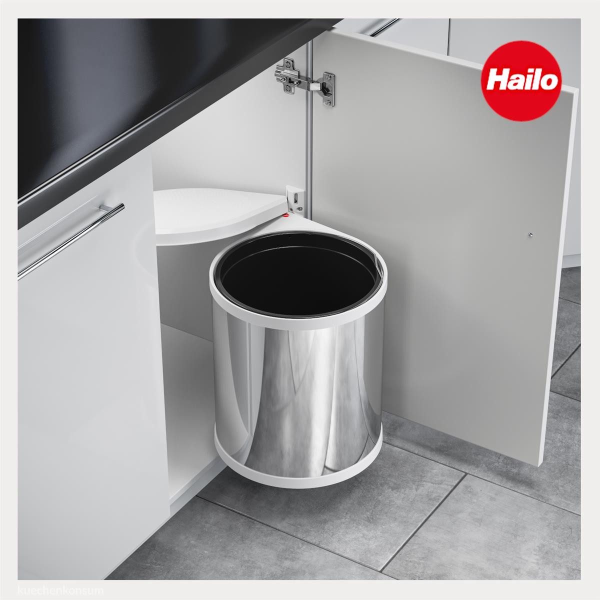 Hailo Einbaumülleimer Hailo Abfallsammler 3515011 MO Swing ws Mono 15 Liter Edelstahl / weiß, für Schrankbreite ab 400 mm mit Drehtür