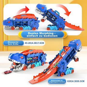 LENBEST Spielzeug-Transporter 2-in-1-ultimativer T-Rex-Transporter mit Lichtern und Geräuschen, (Spielzeugaufbewahrung für 20 Autos, inklusive 8 Spielzeugautos), Spielzeug für Kinder ab 4 Jahren, Transporter, mit Rennstrecke