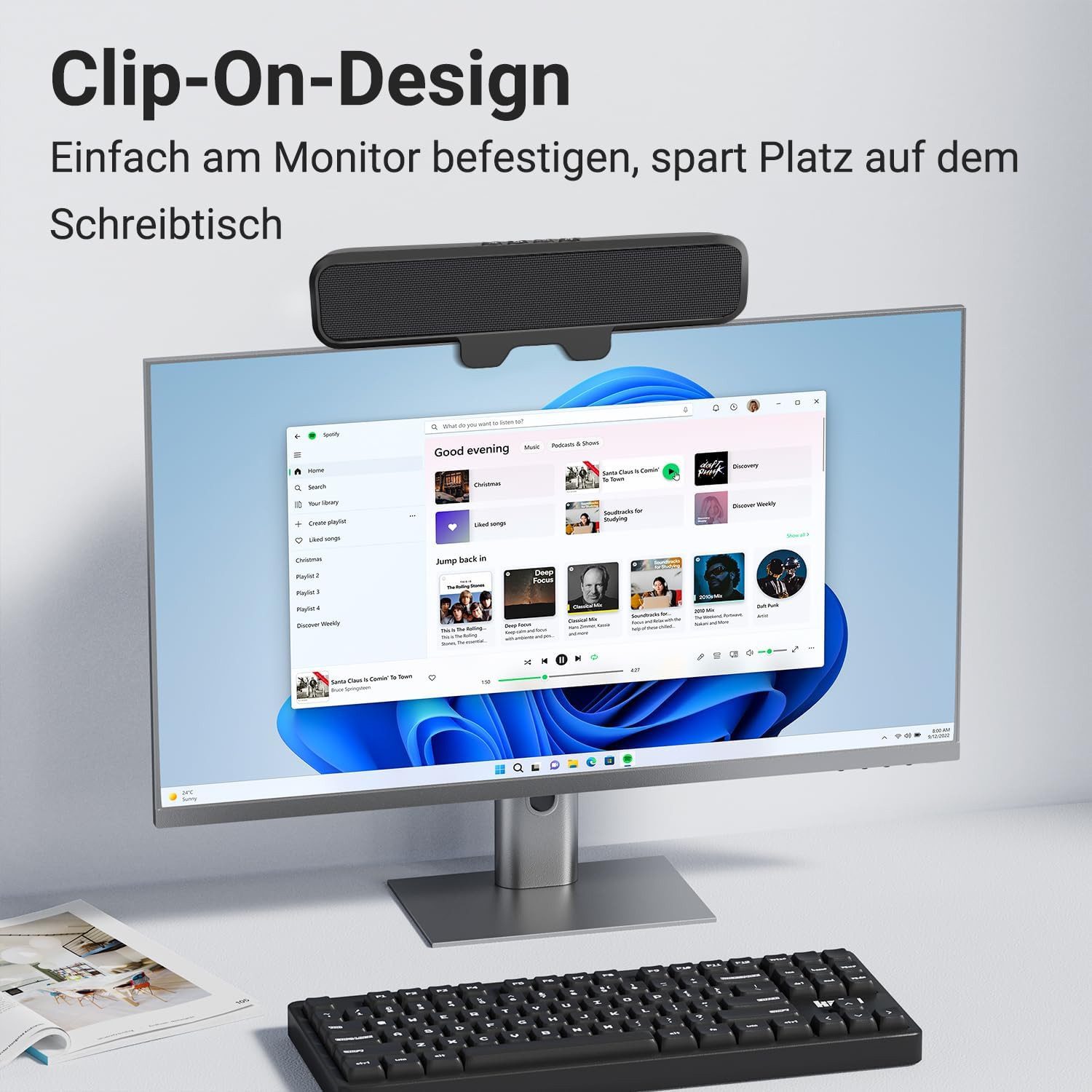 Toomoke 10W PC Lautsprecher, USB Monitor Speaker mit Clip-On, HD Stereo Sound PC-Lautsprecher (10 W, USB A/C für PC, Laptop, Desktop, Plug and Play, Akustikstoff)