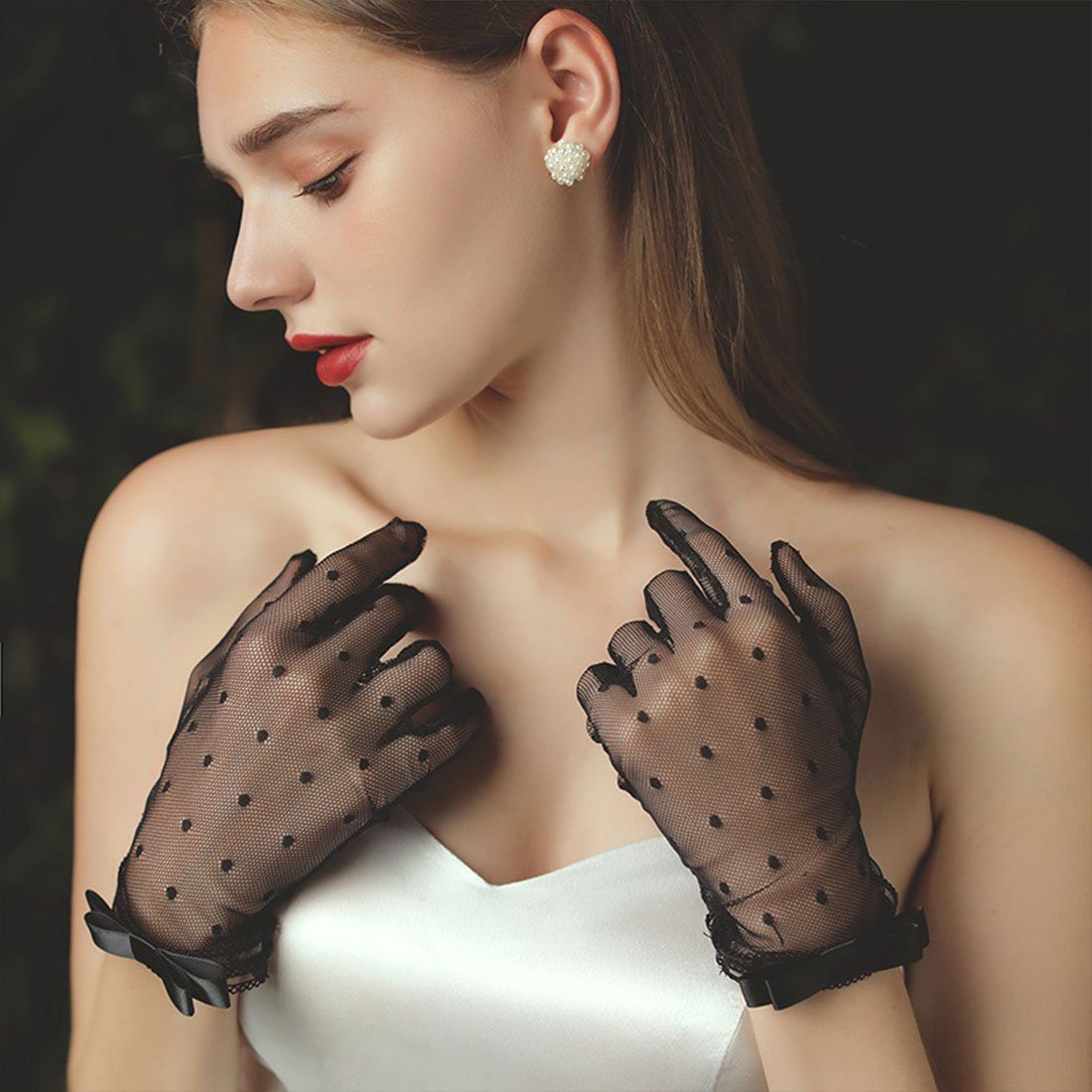 Schwarz für Satin-Handschuhe DÖRÖY die Schleife Stretch-Handschuhe Abendhandschuhe mit Hochzeit,